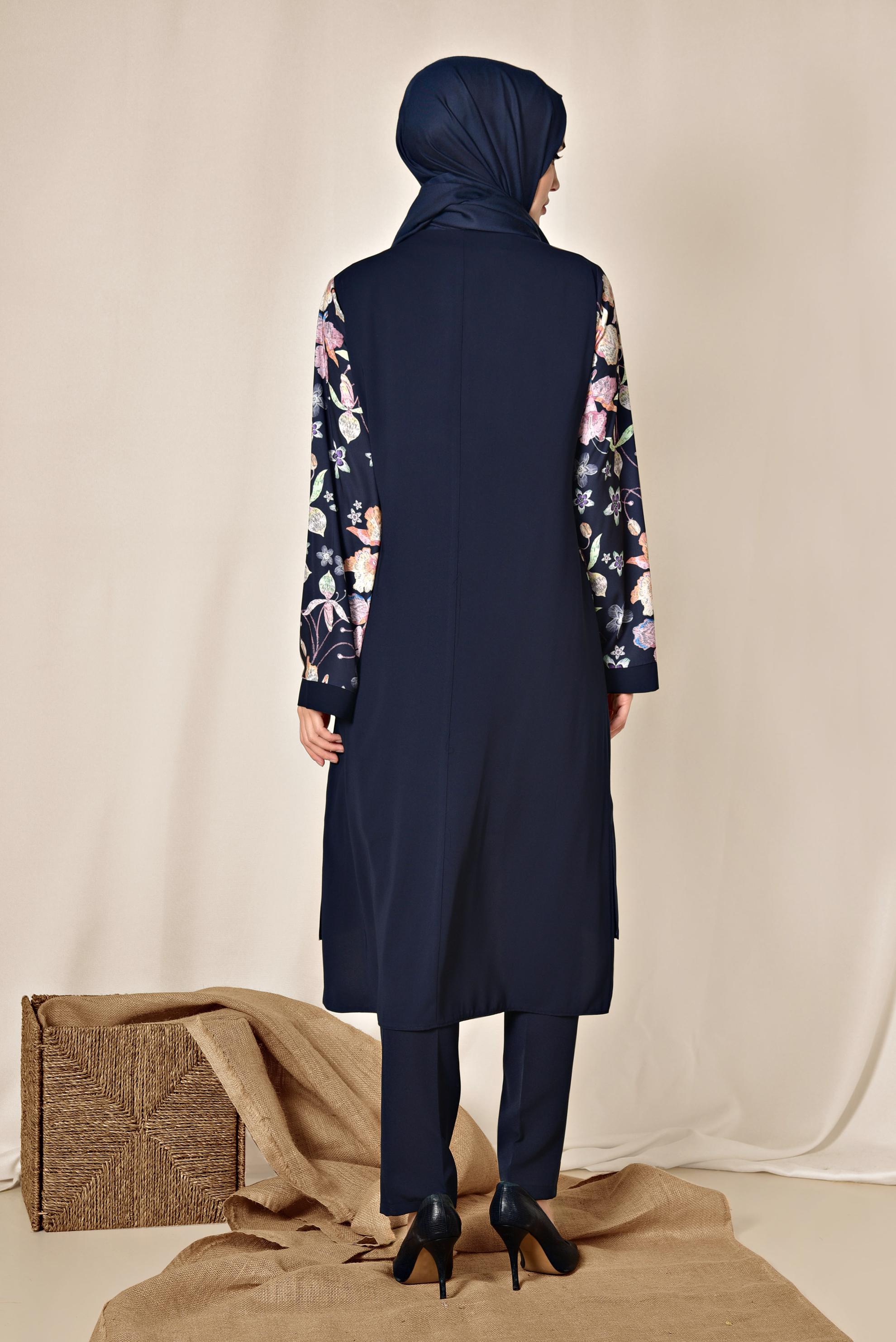 Tesettür giyim LACİVERT KOLLARI FLORAL DESENLİ ÜÇLÜ PANTOLONLU TAKIM 3529