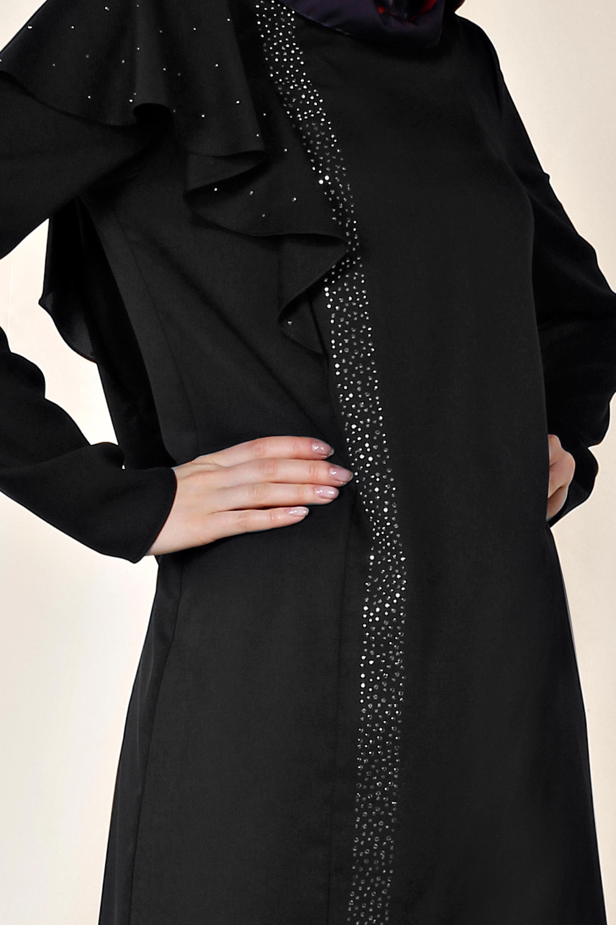 Tesettür giyim SİYAH OMUZU VOLANLI TAŞ DETAYLI PANTOLONLU TAKIM 3531