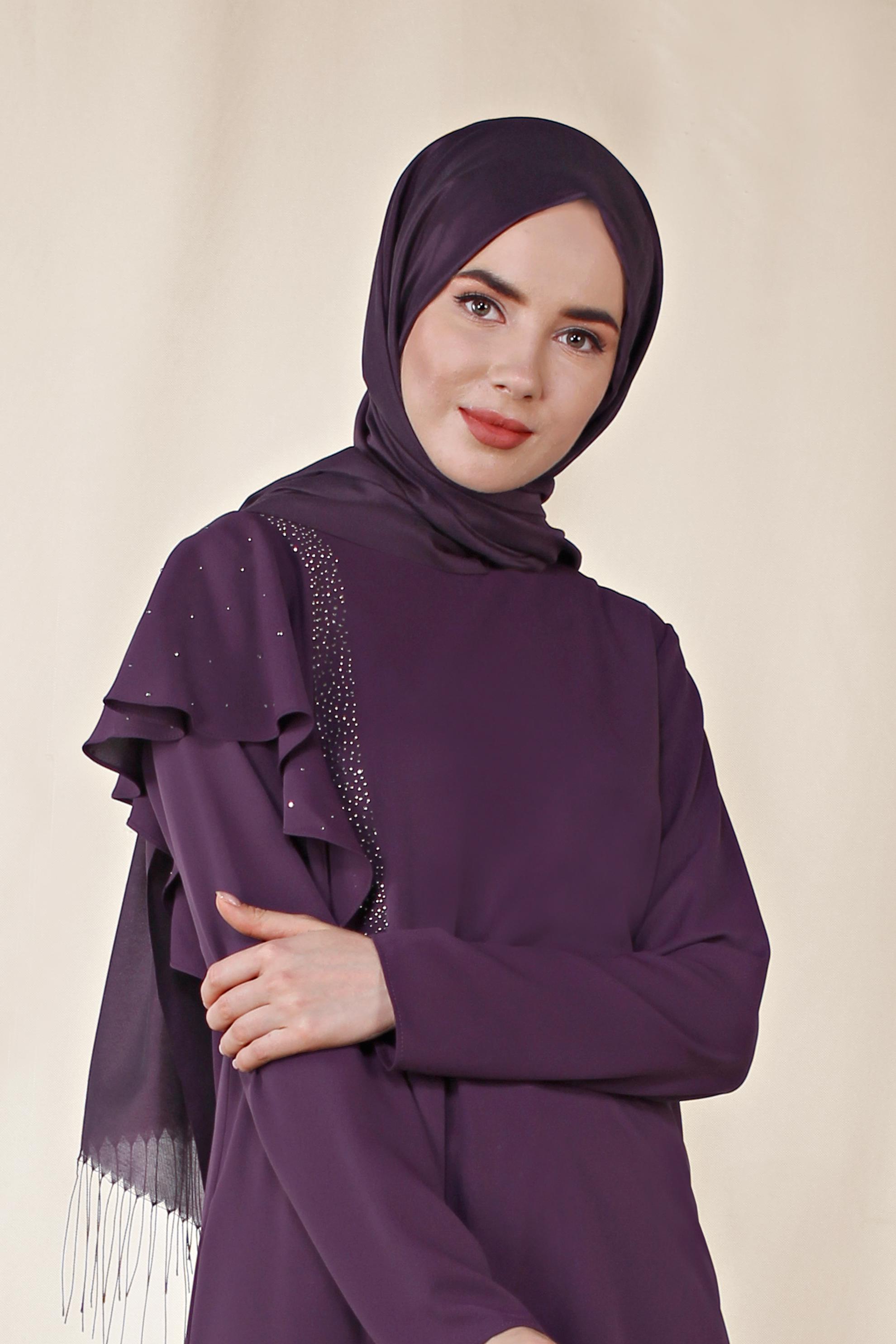 Tesettür giyim MOR OMUZU VOLANLI TAŞ DETAYLI PANTOLONLU TAKIM 3531