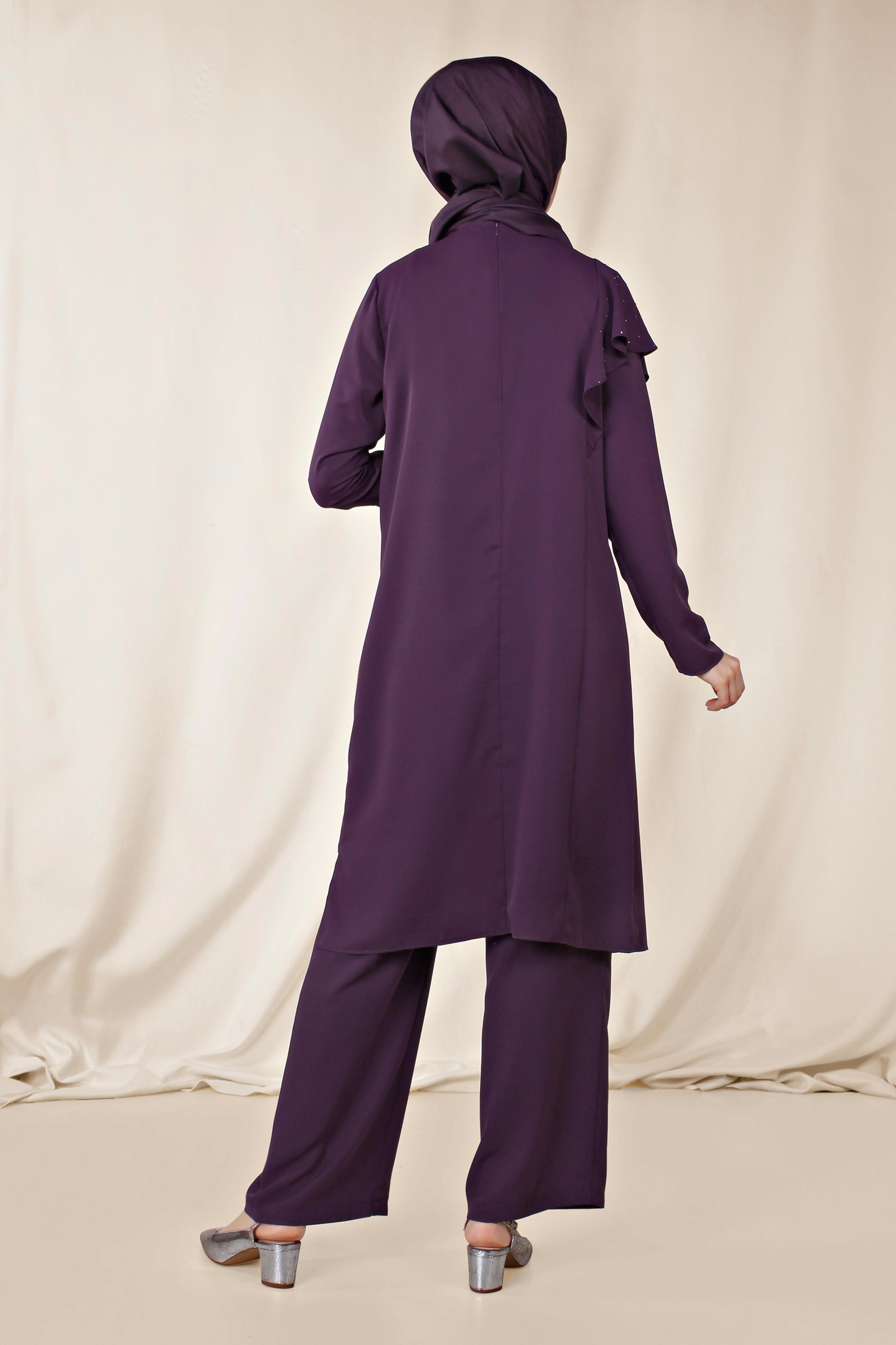 Tesettür giyim MOR OMUZU VOLANLI TAŞ DETAYLI PANTOLONLU TAKIM 3531