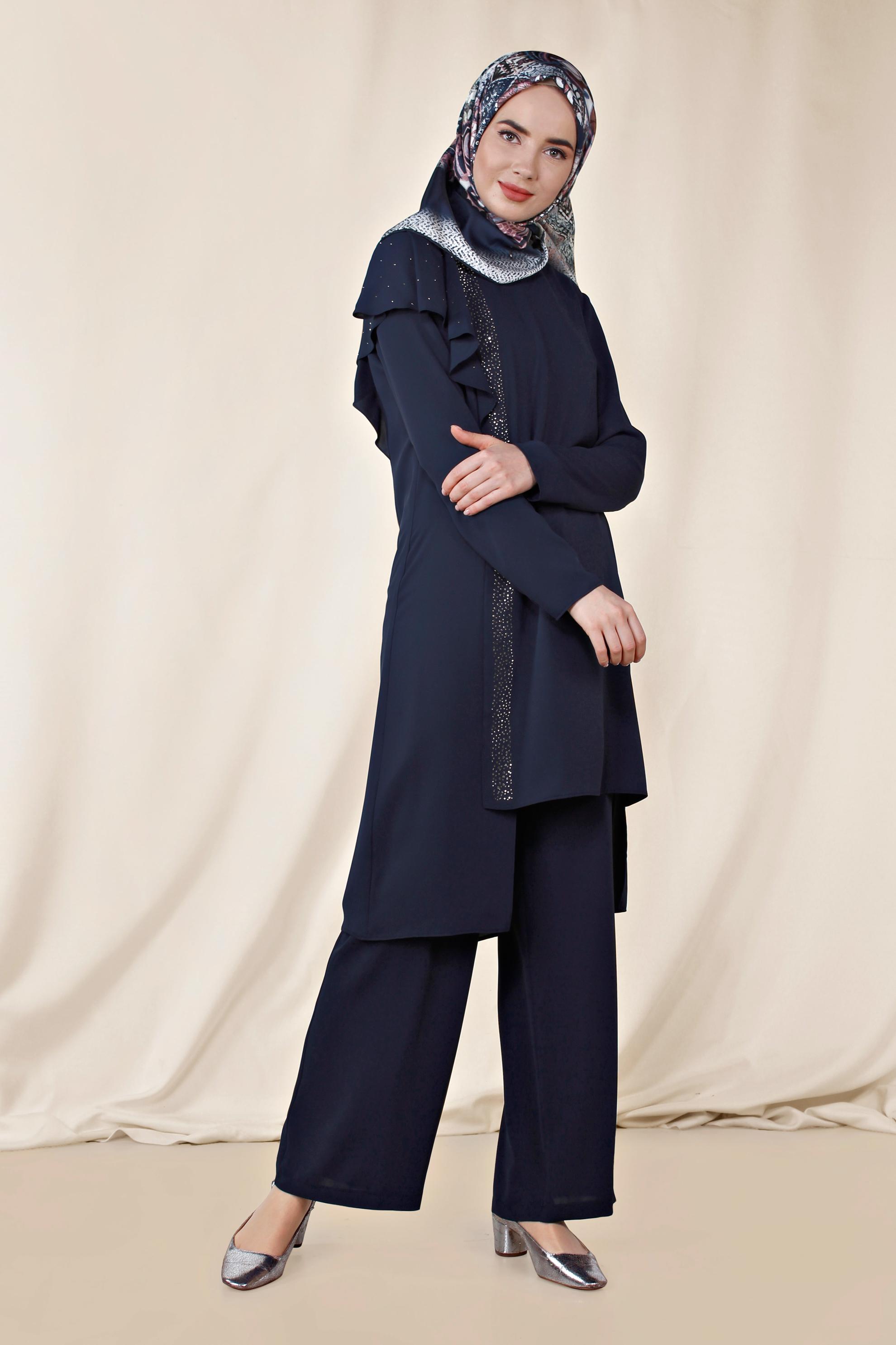 Tesettür giyim LACİVERT OMUZU VOLANLI TAŞ DETAYLI PANTOLONLU TAKIM 3531