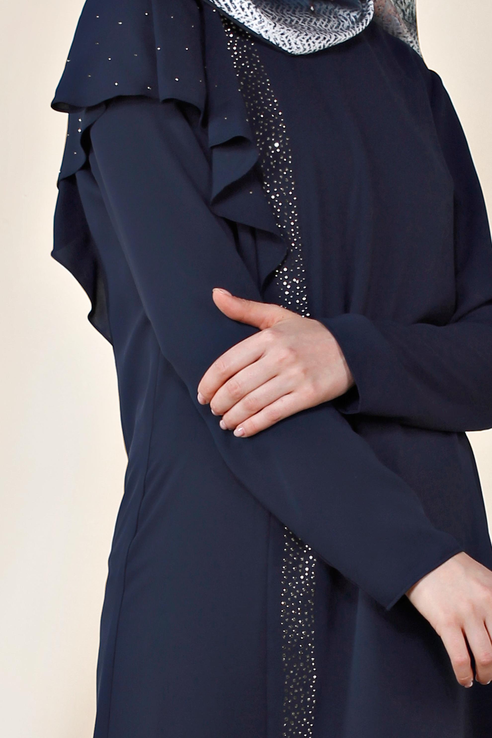 Tesettür giyim LACİVERT OMUZU VOLANLI TAŞ DETAYLI PANTOLONLU TAKIM 3531