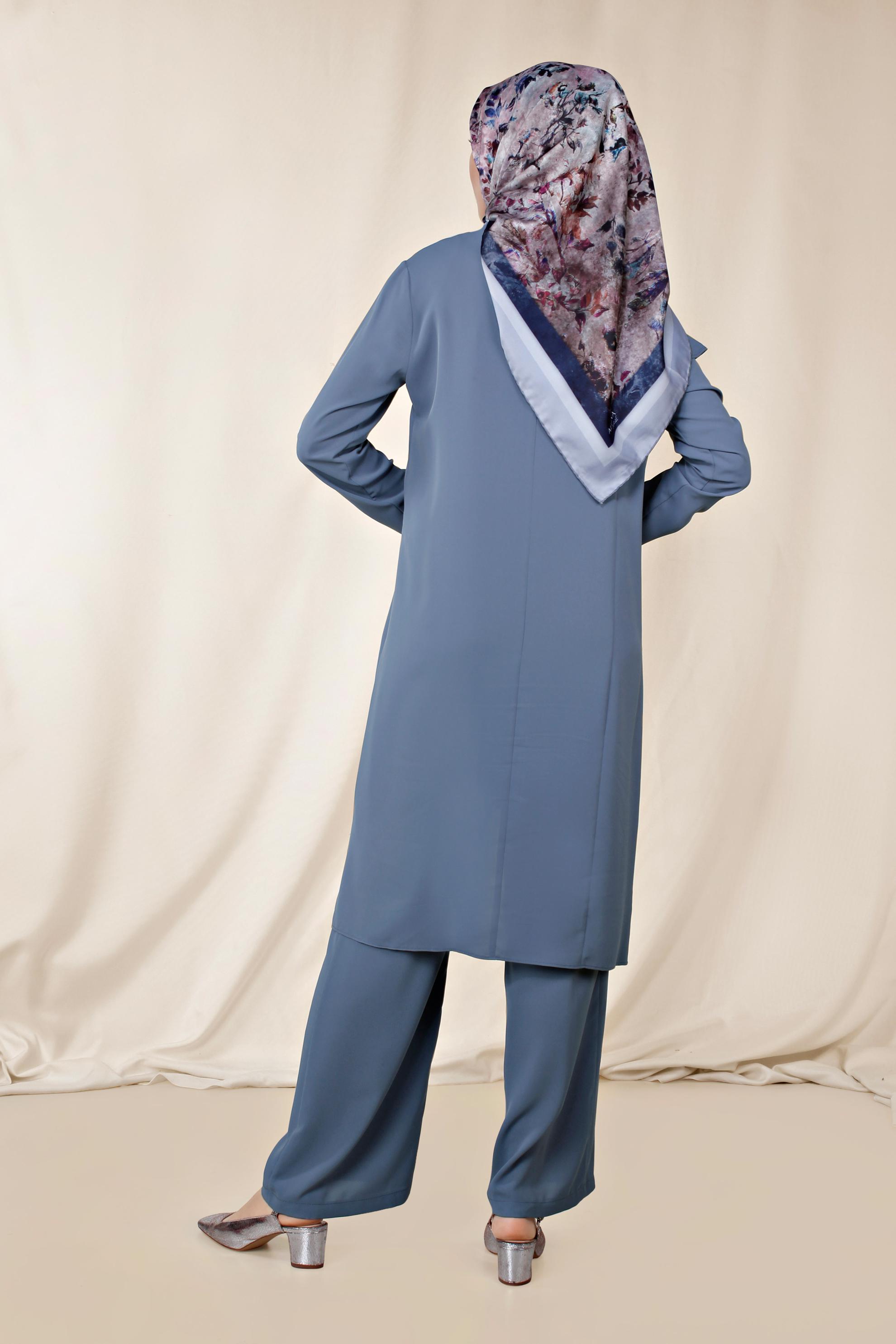 Tesettür giyim LACİVERT OMUZU VOLANLI TAŞ DETAYLI PANTOLONLU TAKIM 3531