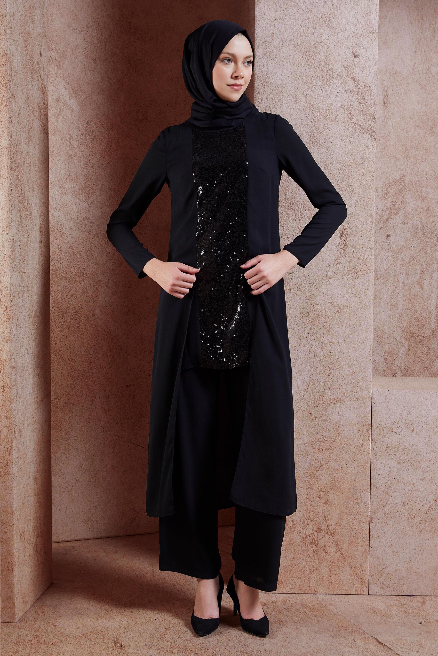 Vêtements hijab NOIR COSTUME PANTALON À SEQUINS 3537