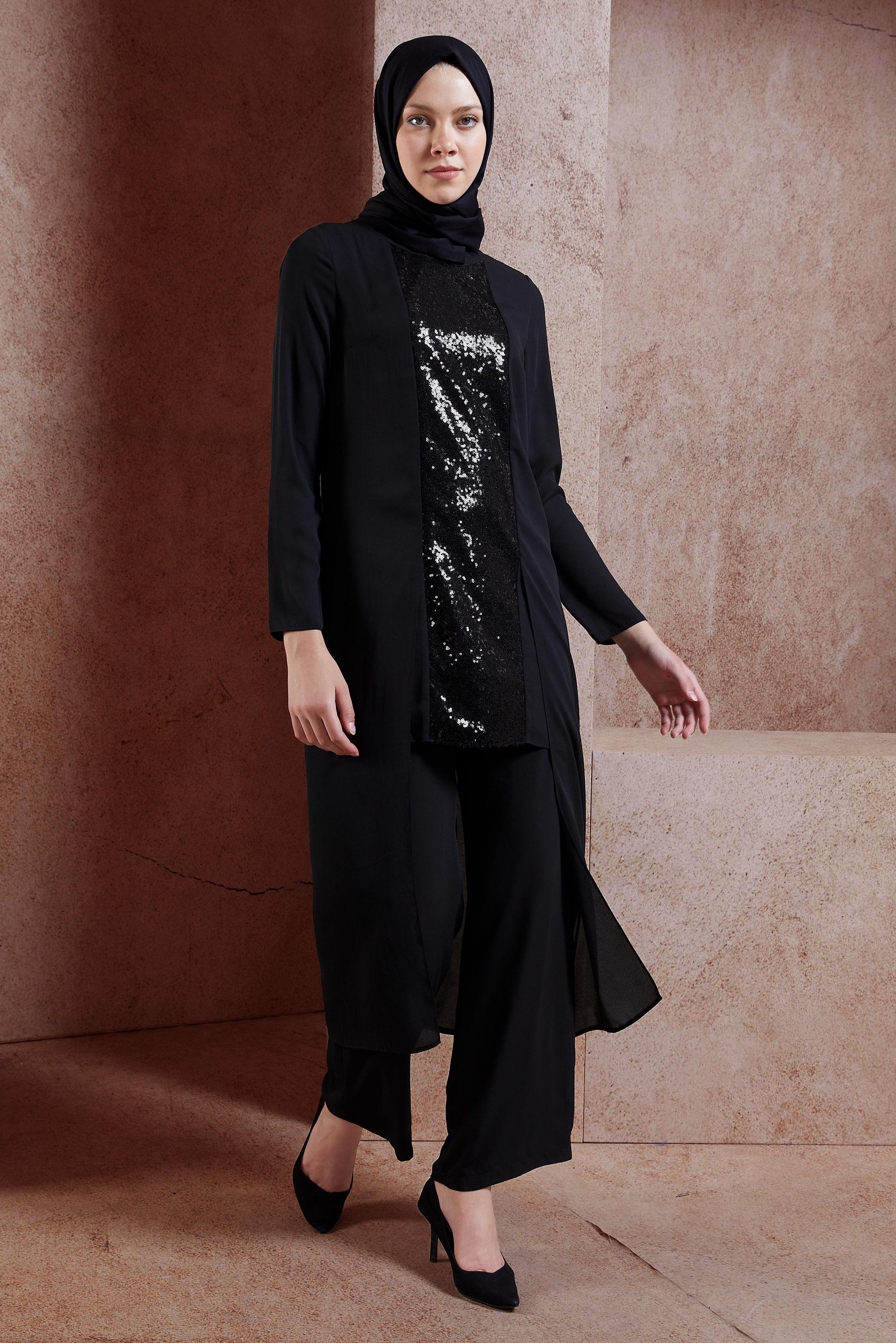 Vêtements hijab NOIR COSTUME PANTALON À SEQUINS 3537
