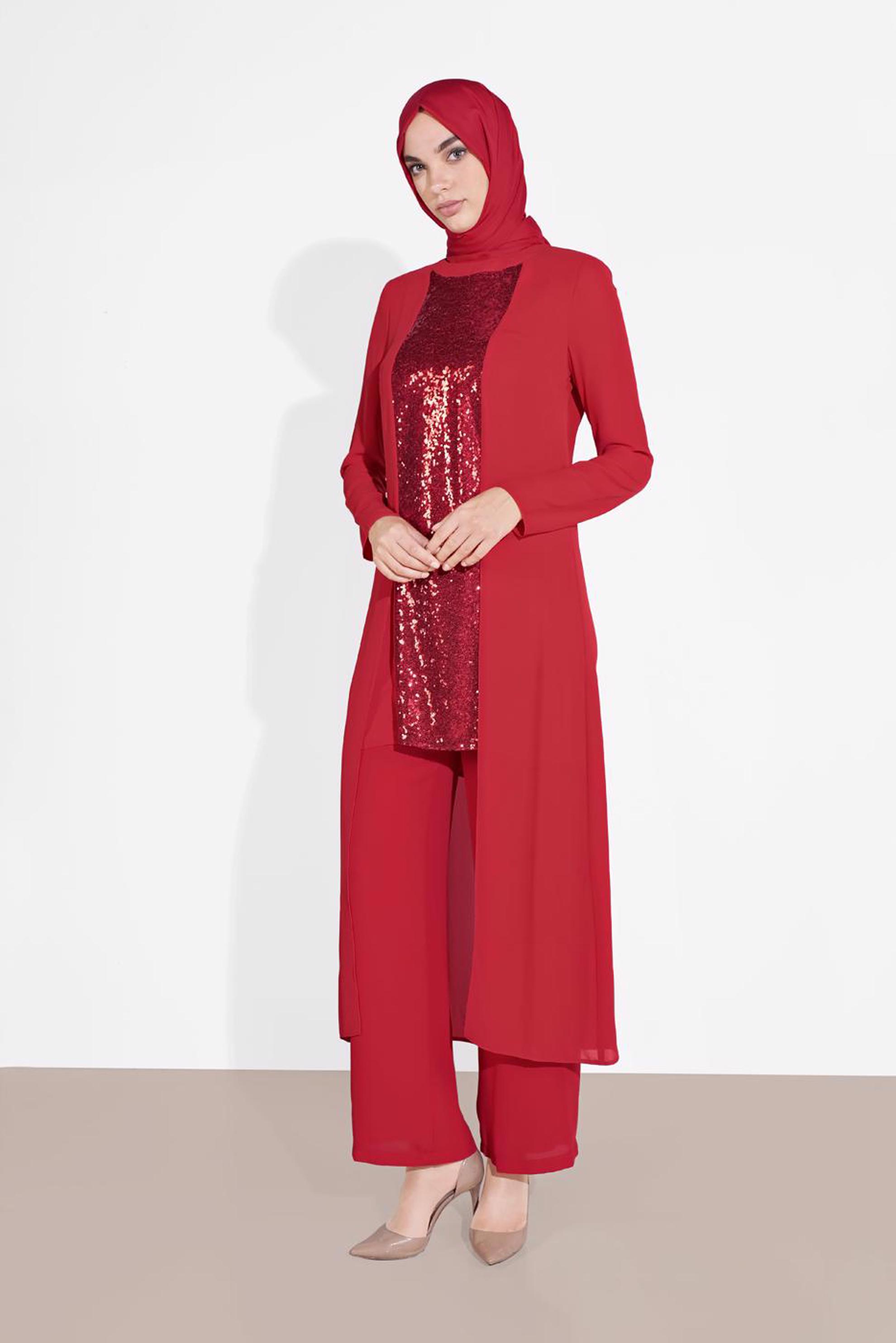 Tesettür giyim KIRMIZI PUL PAYETLİ PANTOLONLU TAKIM 3537