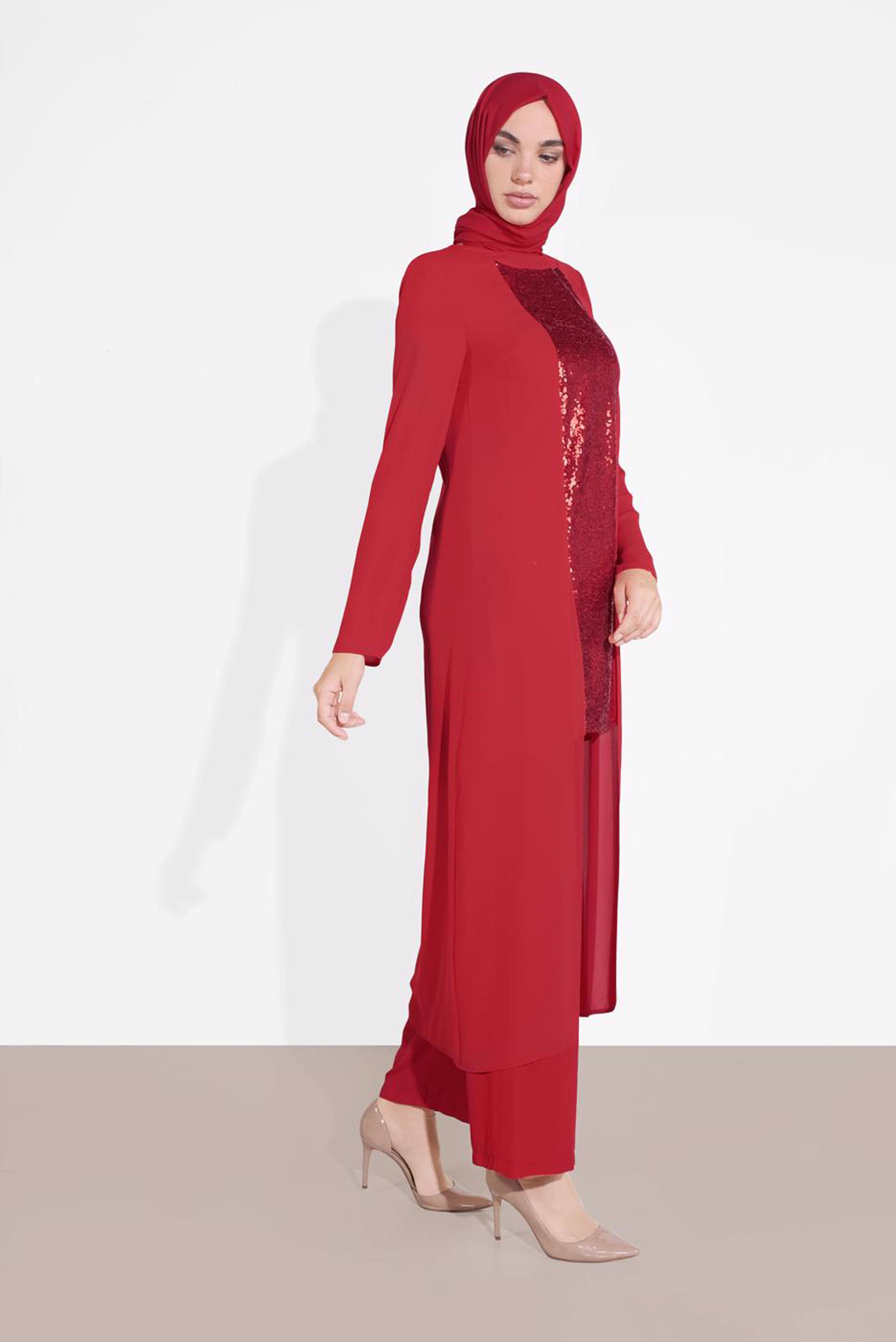 Tesettür giyim KIRMIZI PUL PAYETLİ PANTOLONLU TAKIM 3537
