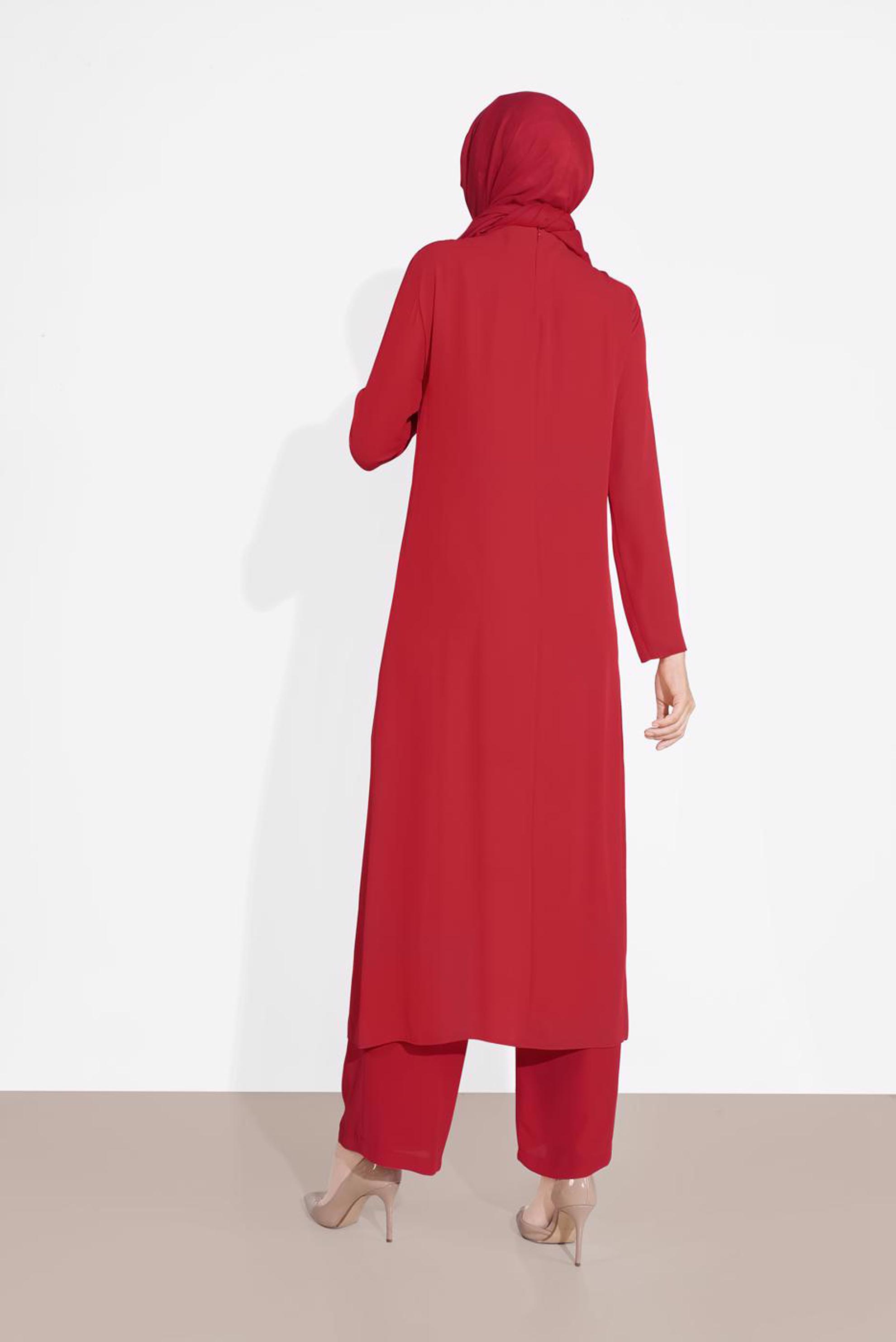 Tesettür giyim KIRMIZI PUL PAYETLİ PANTOLONLU TAKIM 3537