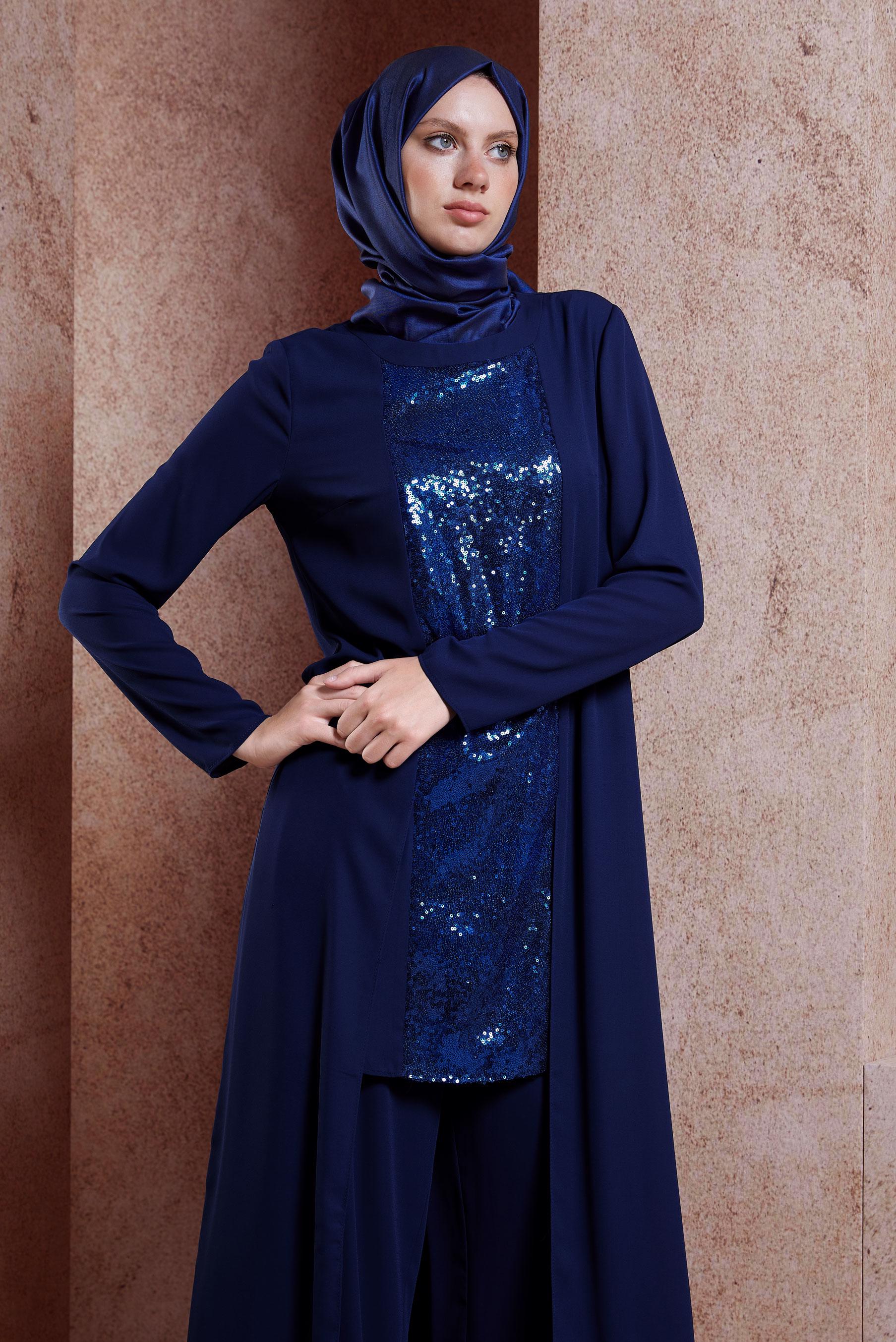 Tesettür giyim LACİVERT PUL PAYETLİ PANTOLONLU TAKIM 3537
