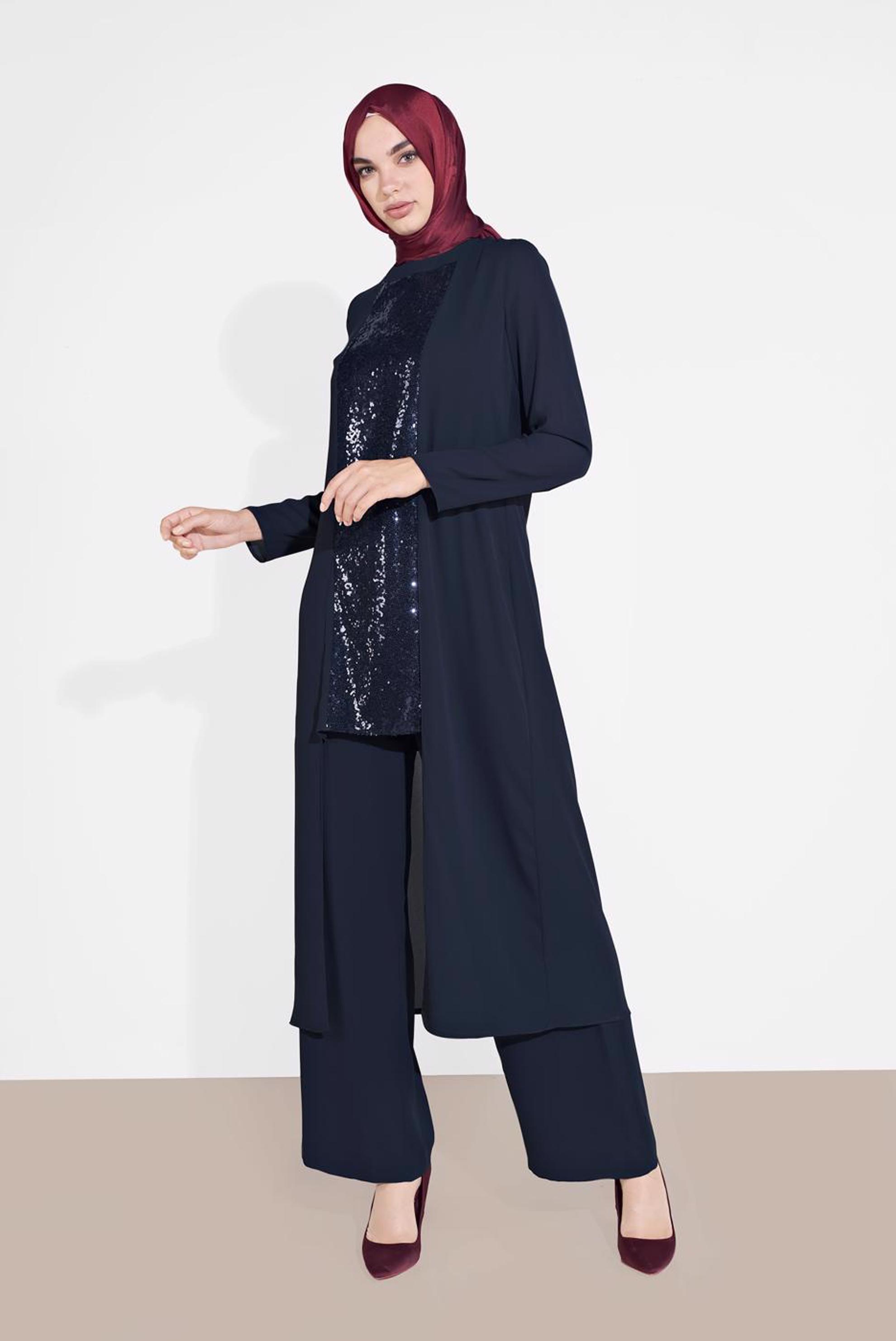 Tesettür giyim LACİVERT PUL PAYETLİ PANTOLONLU TAKIM 3537