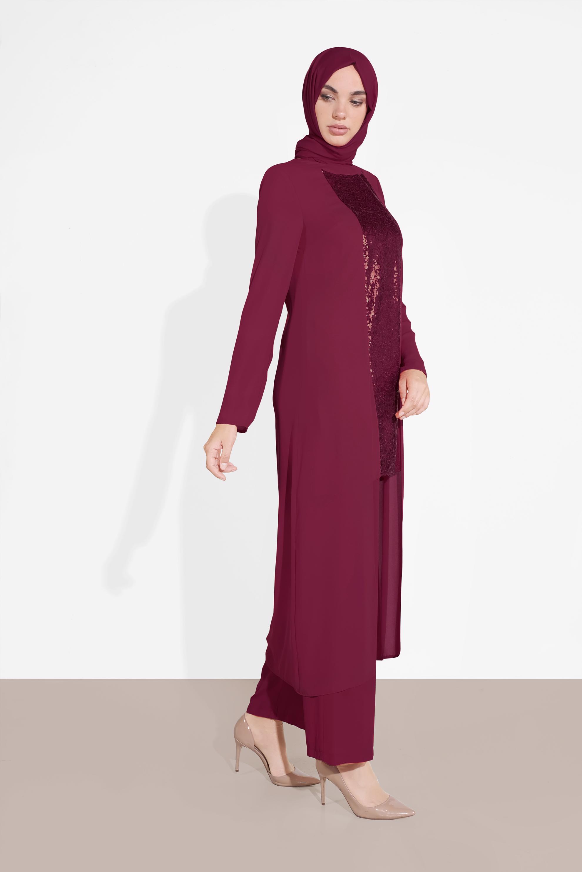 Tesettür giyim BORDO PUL PAYETLİ PANTOLONLU TAKIM 3537