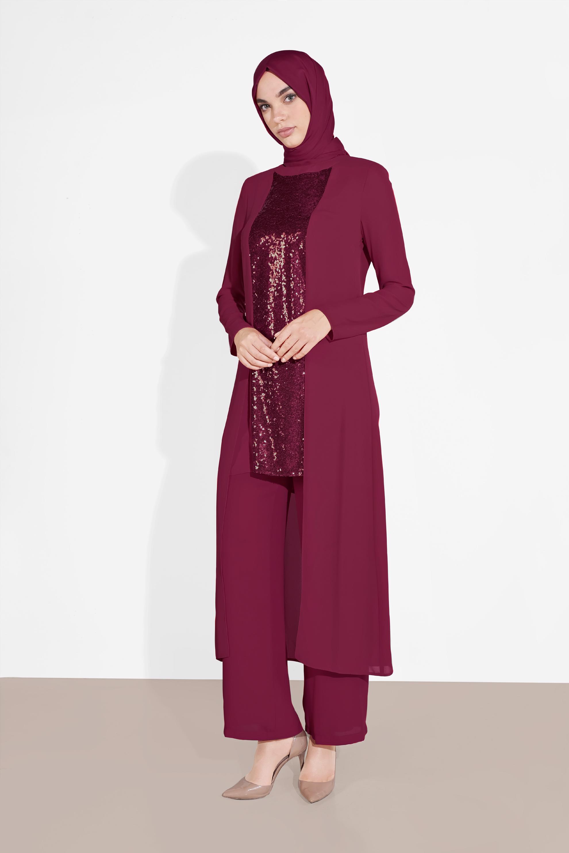 Tesettür giyim BORDO PUL PAYETLİ PANTOLONLU TAKIM 3537