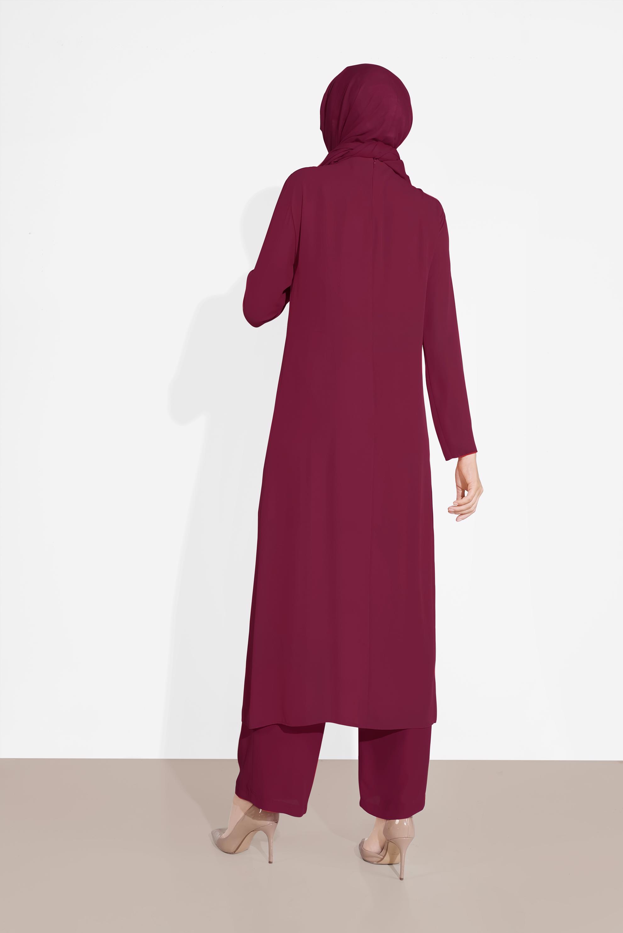 Tesettür giyim BORDO PUL PAYETLİ PANTOLONLU TAKIM 3537