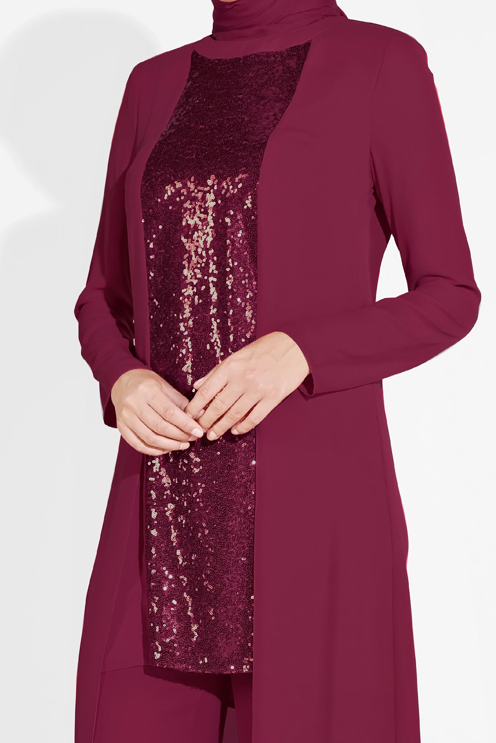 Tesettür giyim BORDO PUL PAYETLİ PANTOLONLU TAKIM 3537