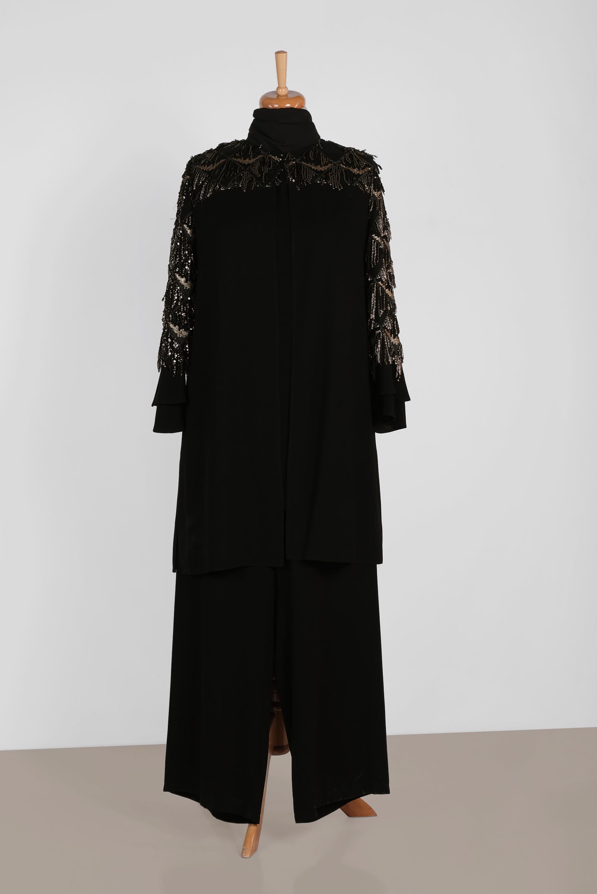 Hijab clothing BLACK SEQUIN DETAIL FRILLED 3-PIECE PANTS SUIT 3542 