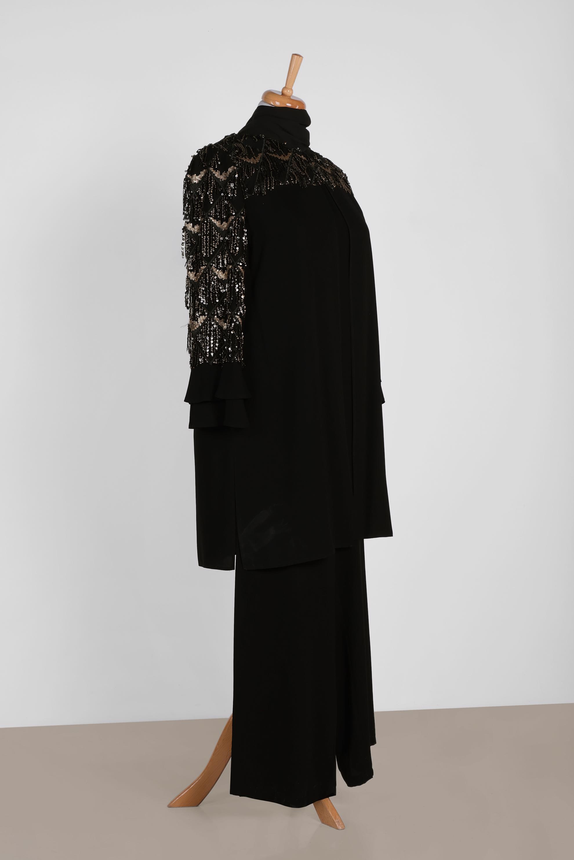 Hijab clothing BLACK SEQUIN DETAIL FRILLED 3-PIECE PANTS SUIT 3542 