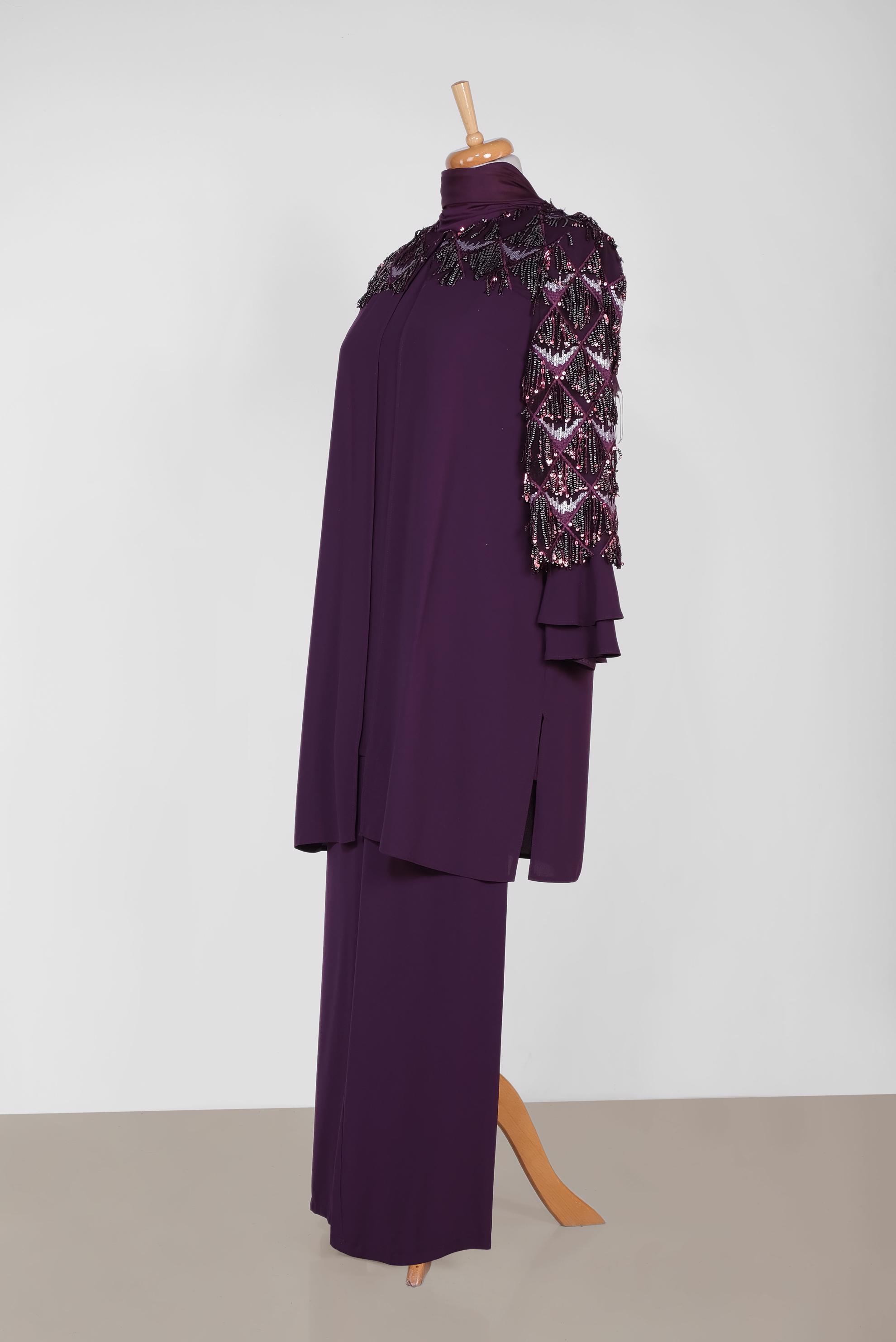Hijab clothing PURPLE SEQUIN DETAIL FRILLED 3-PIECE PANTS SUIT 3542 