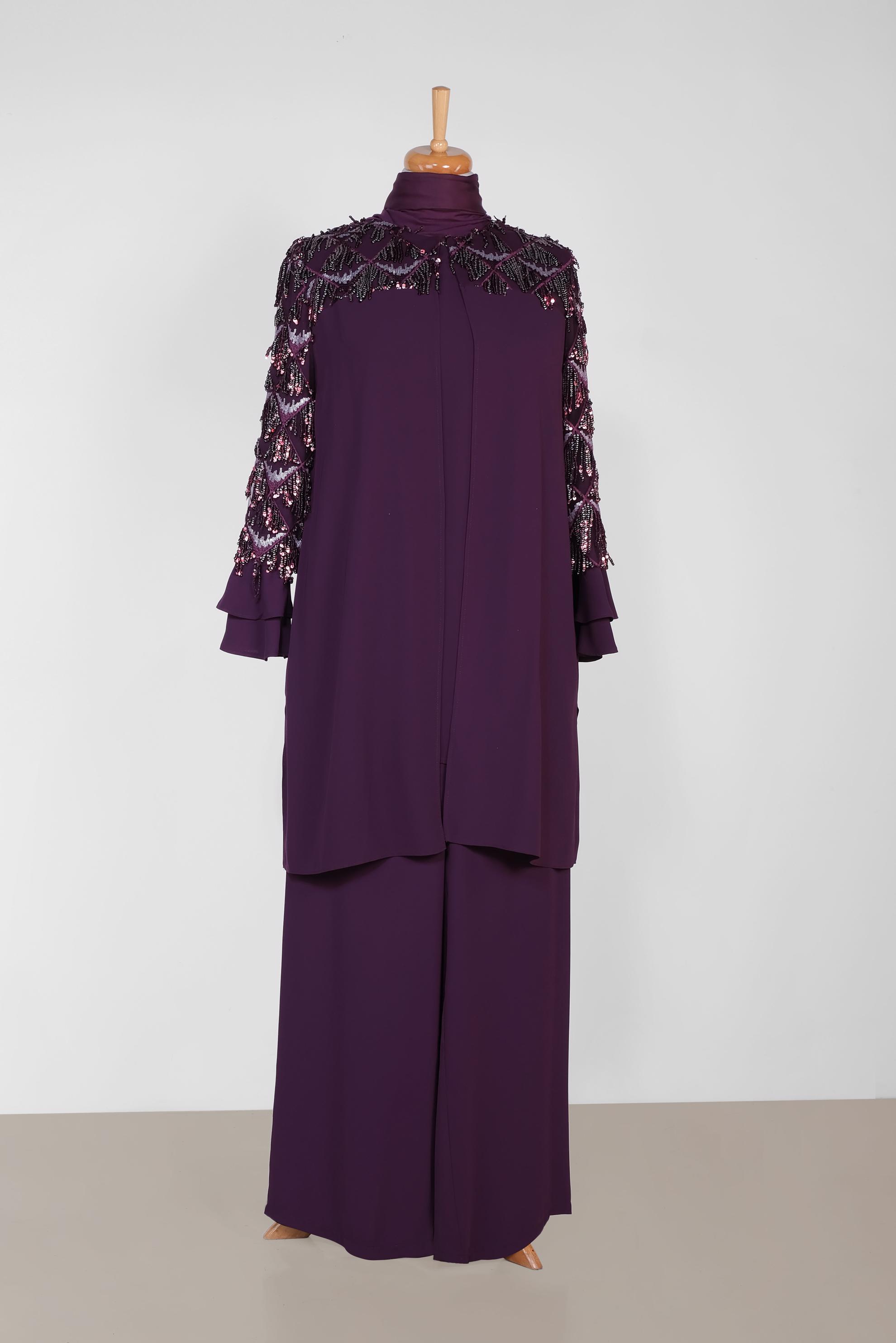 Hijab clothing PURPLE SEQUIN DETAIL FRILLED 3-PIECE PANTS SUIT 3542 