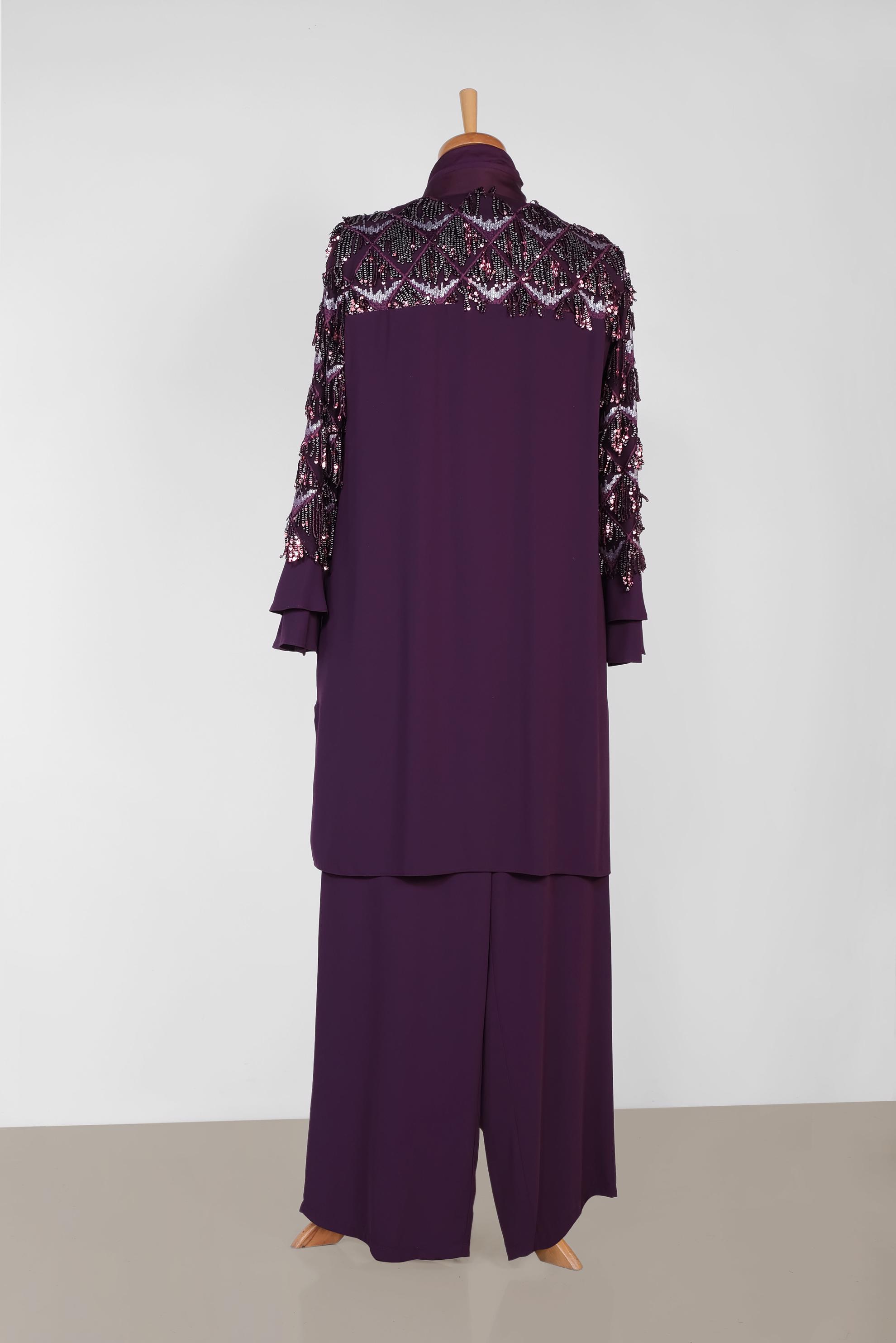 Hijab clothing PURPLE SEQUIN DETAIL FRILLED 3-PIECE PANTS SUIT 3542 