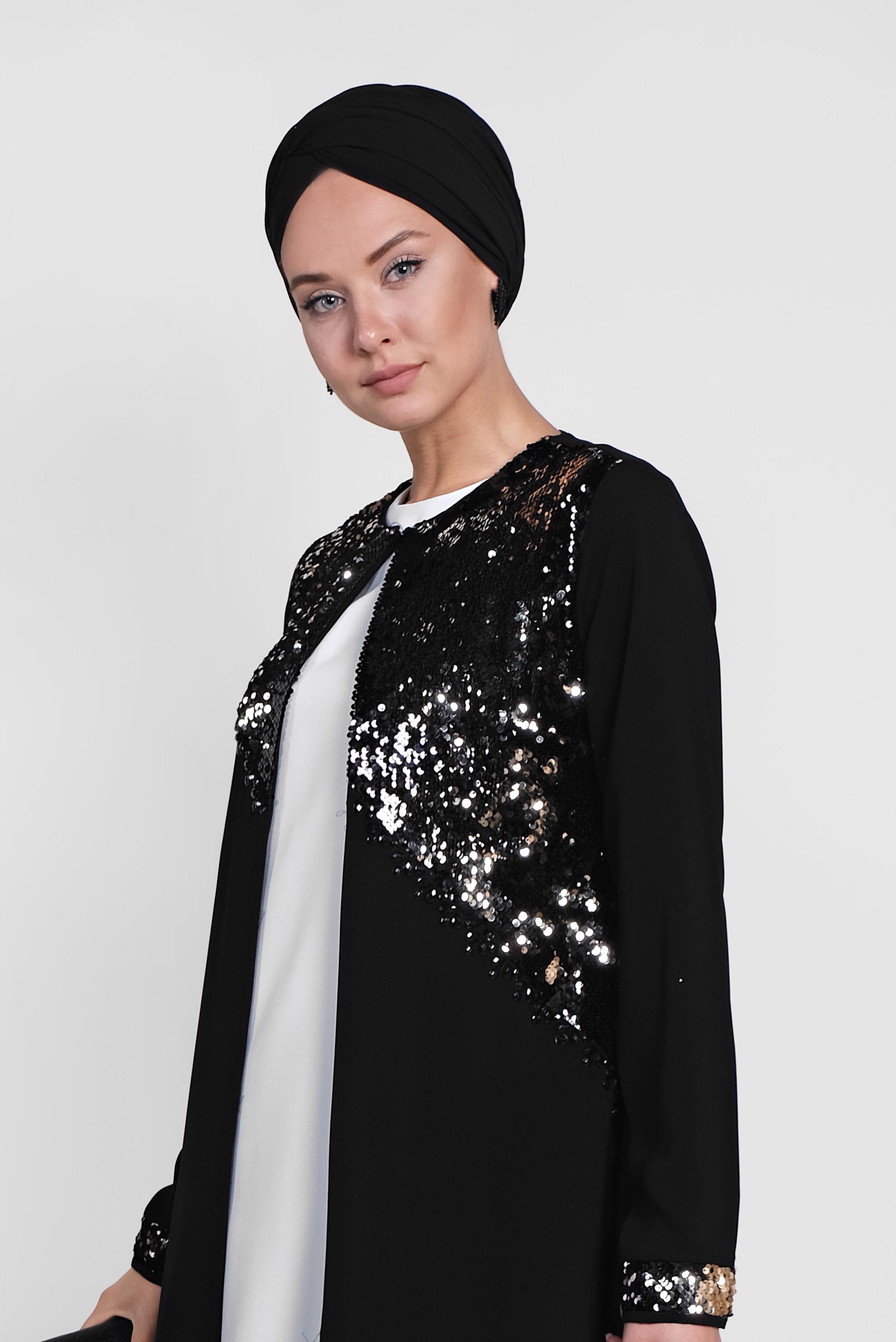 Tesettür giyim SİYAH PUL PAYET DETAYLI ÜÇLÜ PANT.TAKIM 3543 