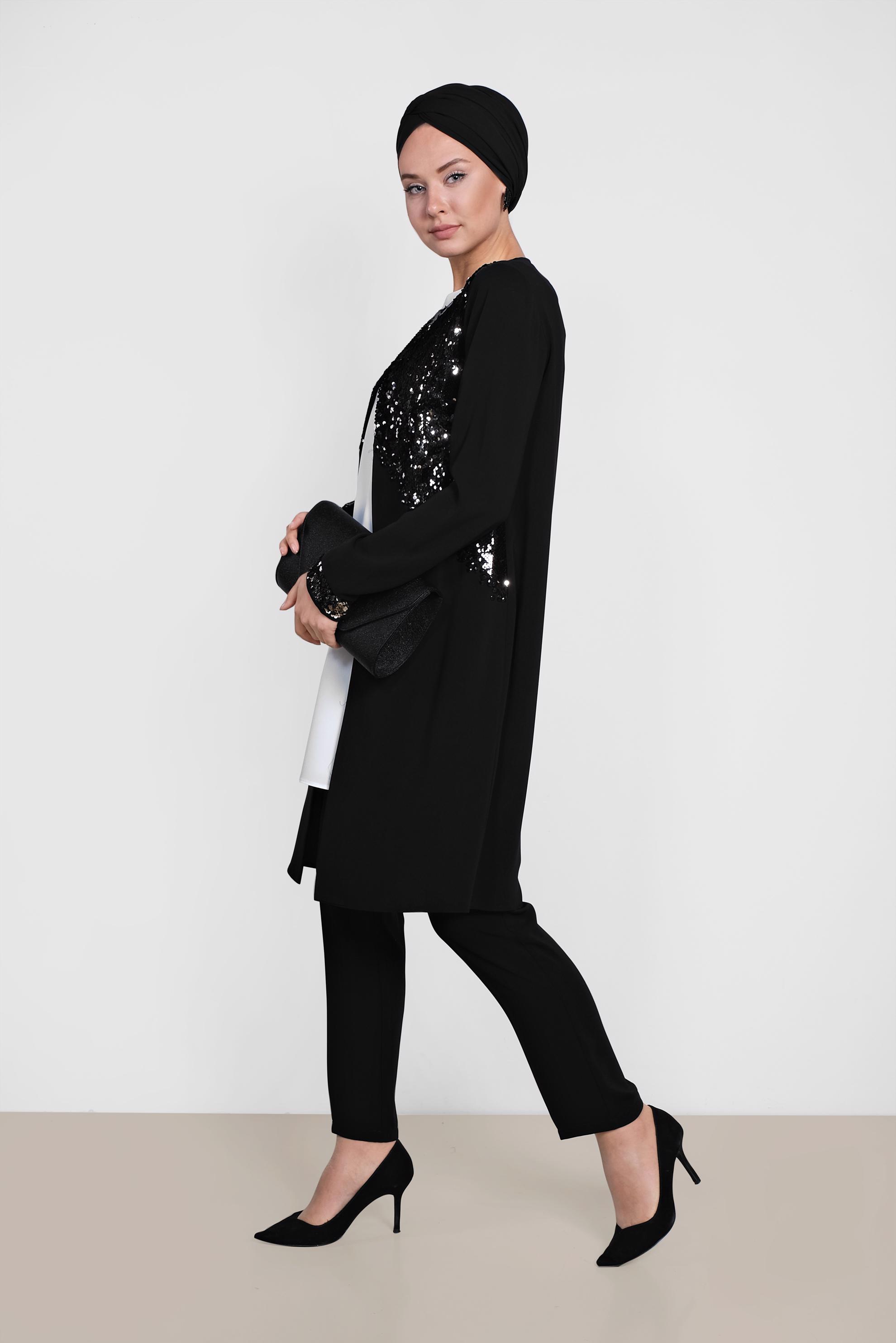 Tesettür giyim SİYAH PUL PAYET DETAYLI ÜÇLÜ PANT.TAKIM 3543 