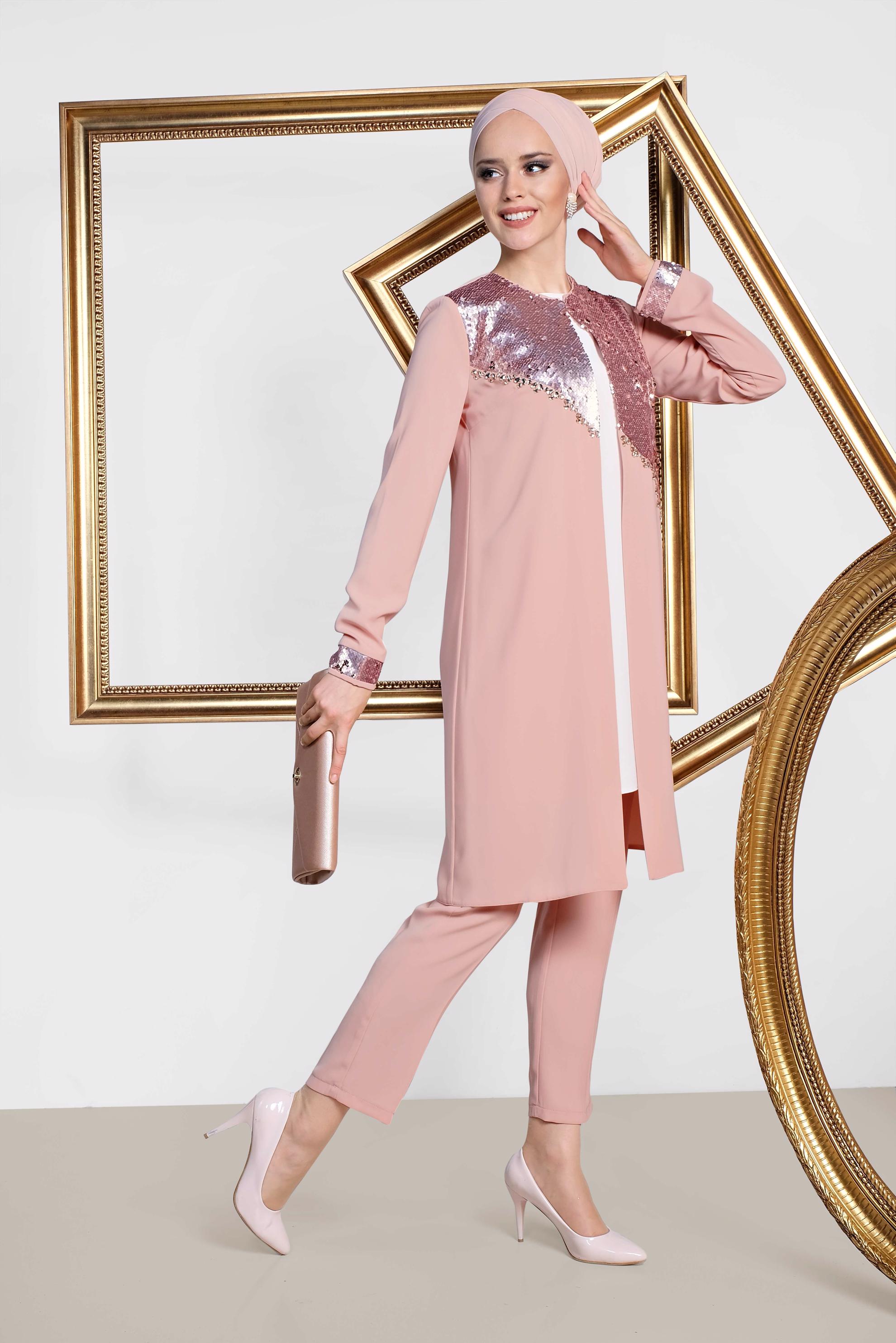 Hijab clothing POWDER SEQUIN DETAIL 3-PIECE PANTS SUIT 3543 