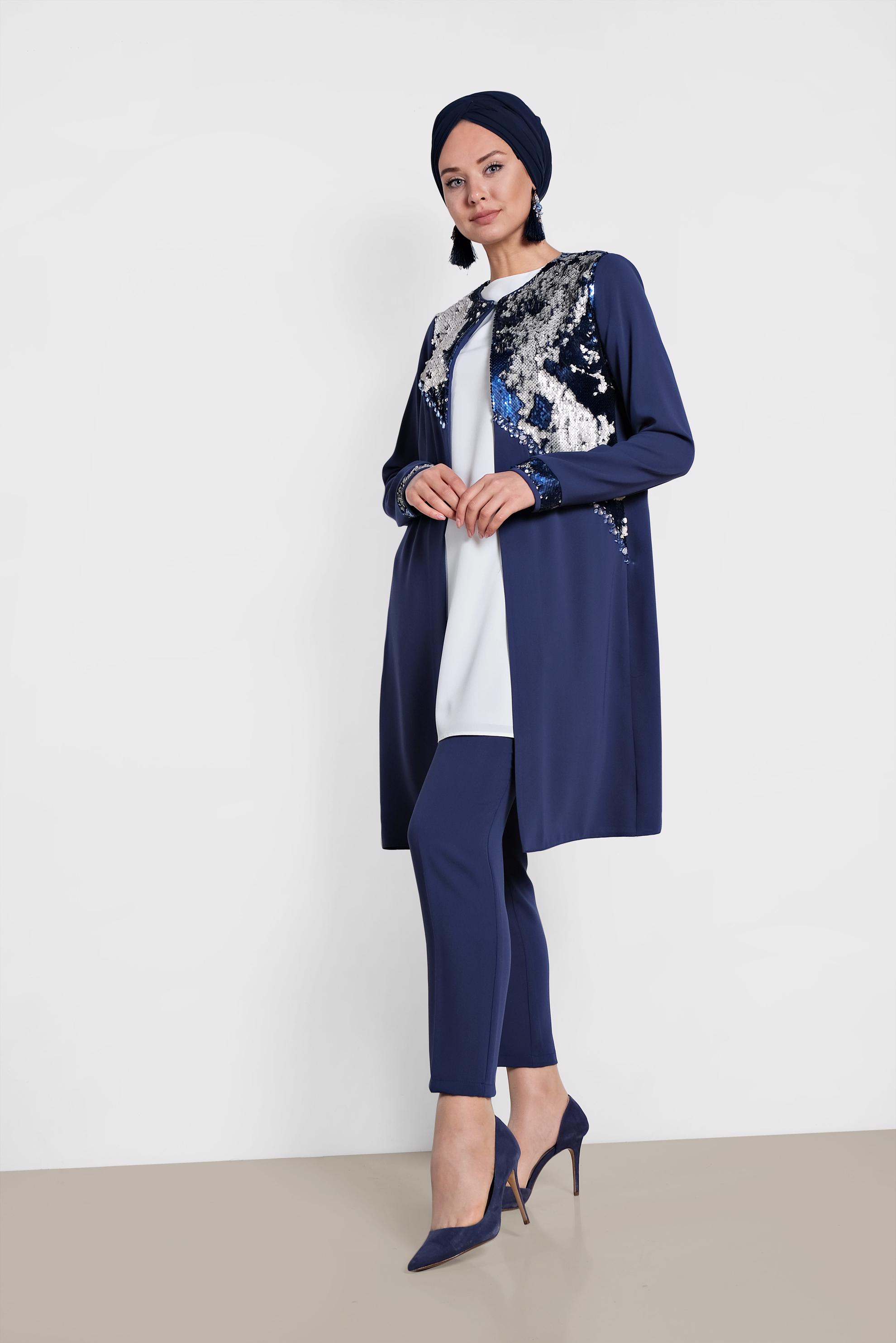 Tesettür giyim LACİVERT PUL PAYET DETAYLI ÜÇLÜ PANT.TAKIM 3543 