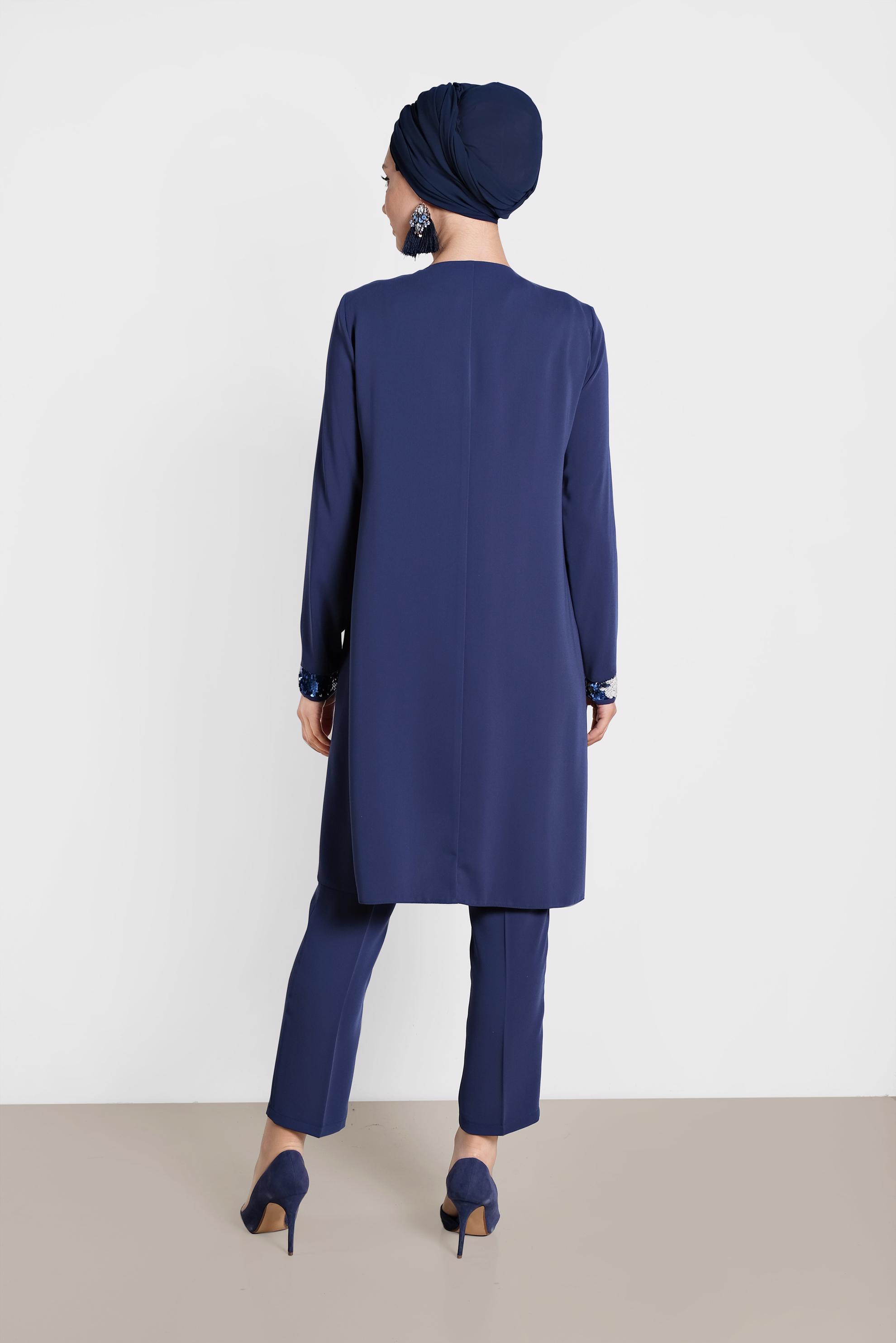 Tesettür giyim LACİVERT PUL PAYET DETAYLI ÜÇLÜ PANT.TAKIM 3543 