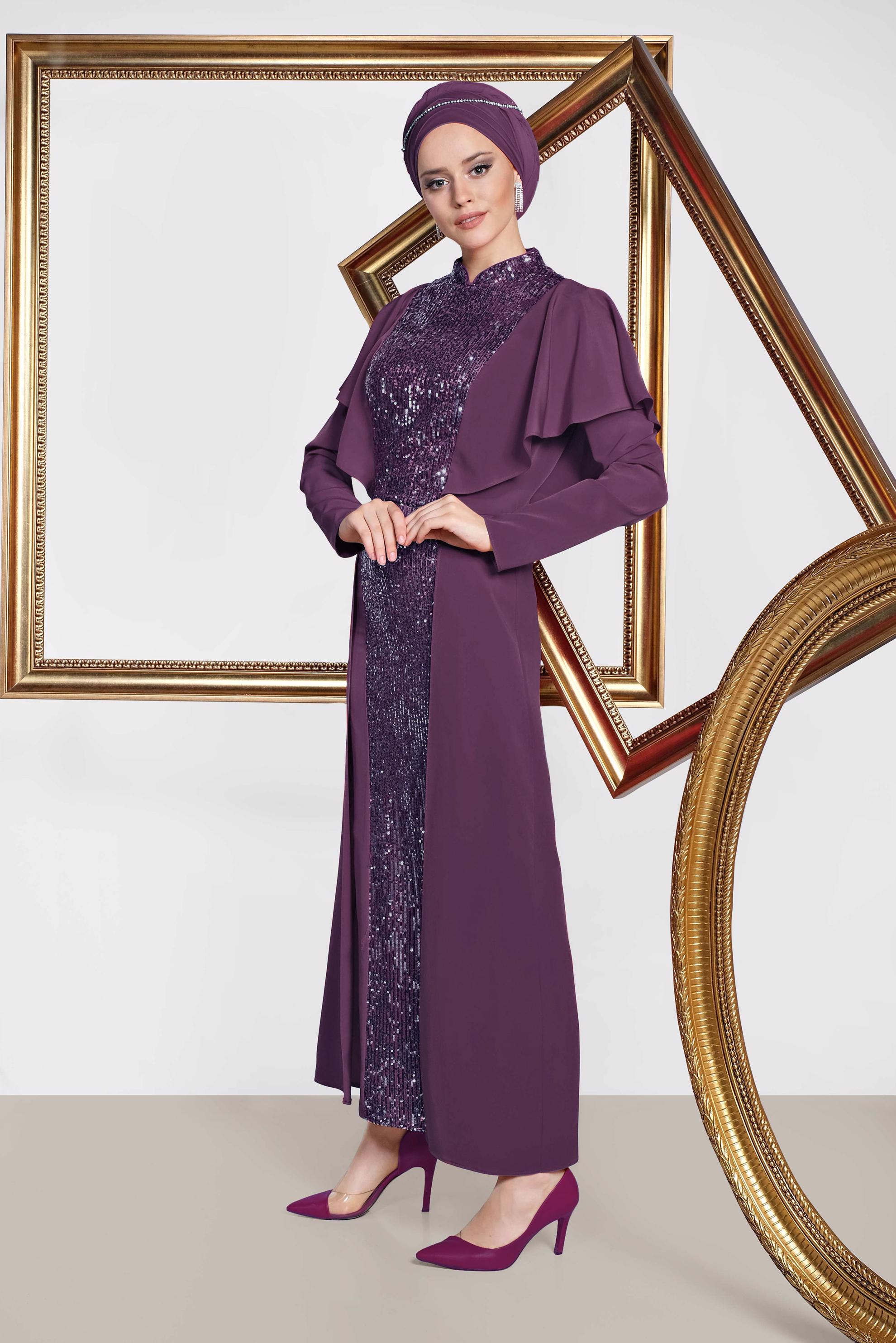 Tesettür giyim MOR HAKİM YAKA OMUZLARI VOLANLI İKİLİ ETEKLİ TAKIM 3544