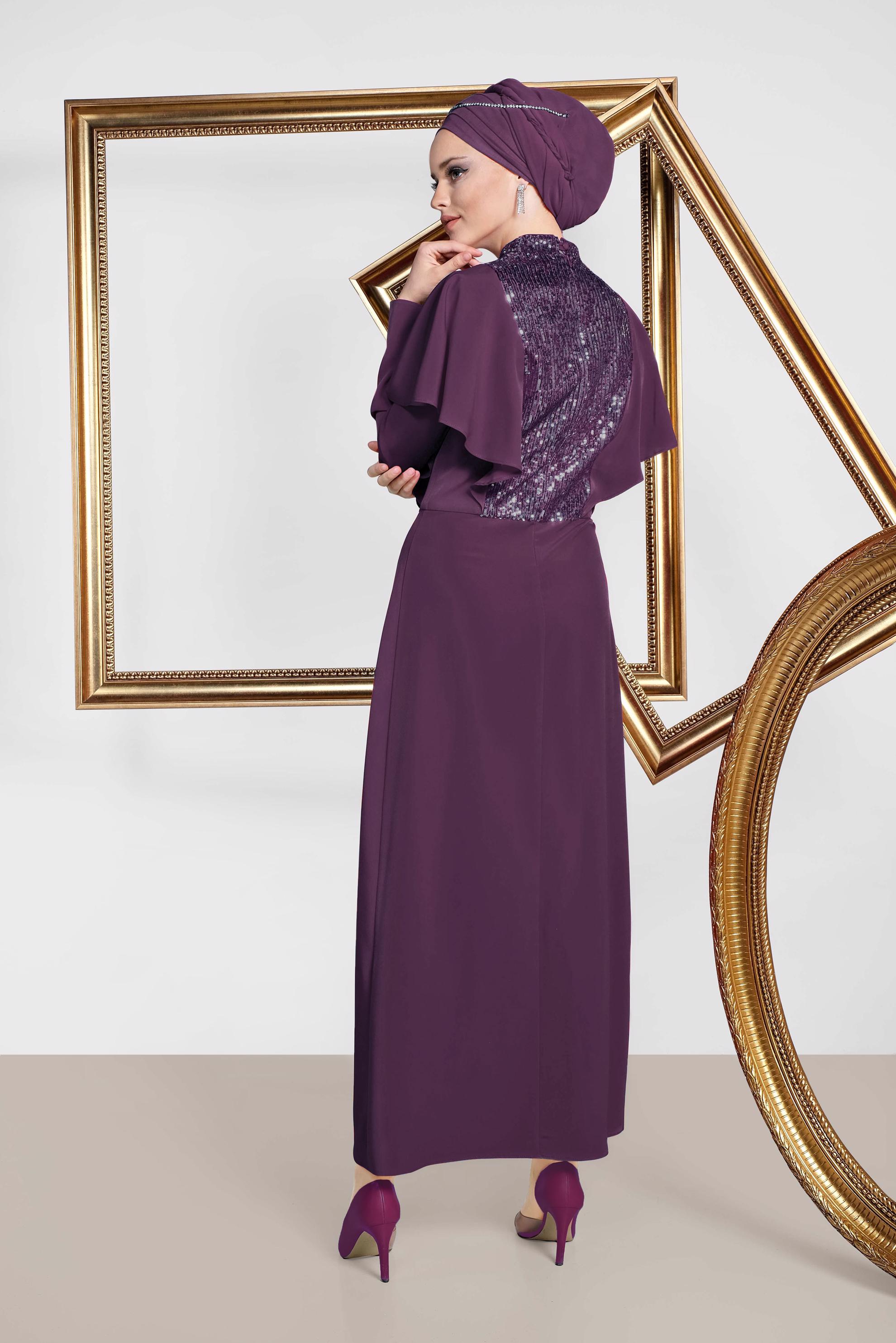 Tesettür giyim MOR HAKİM YAKA OMUZLARI VOLANLI İKİLİ ETEKLİ TAKIM 3544