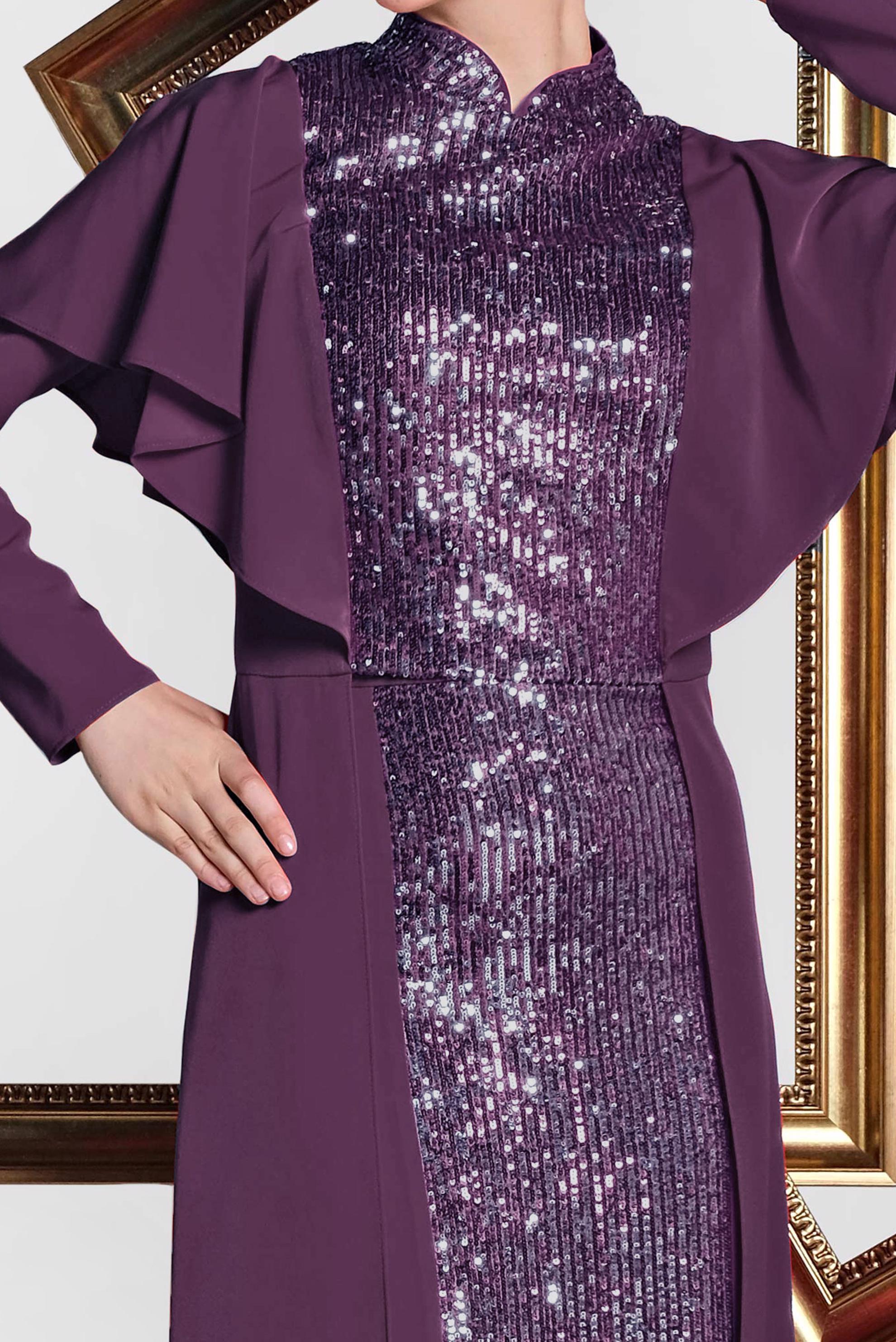 Tesettür giyim MOR HAKİM YAKA OMUZLARI VOLANLI İKİLİ ETEKLİ TAKIM 3544