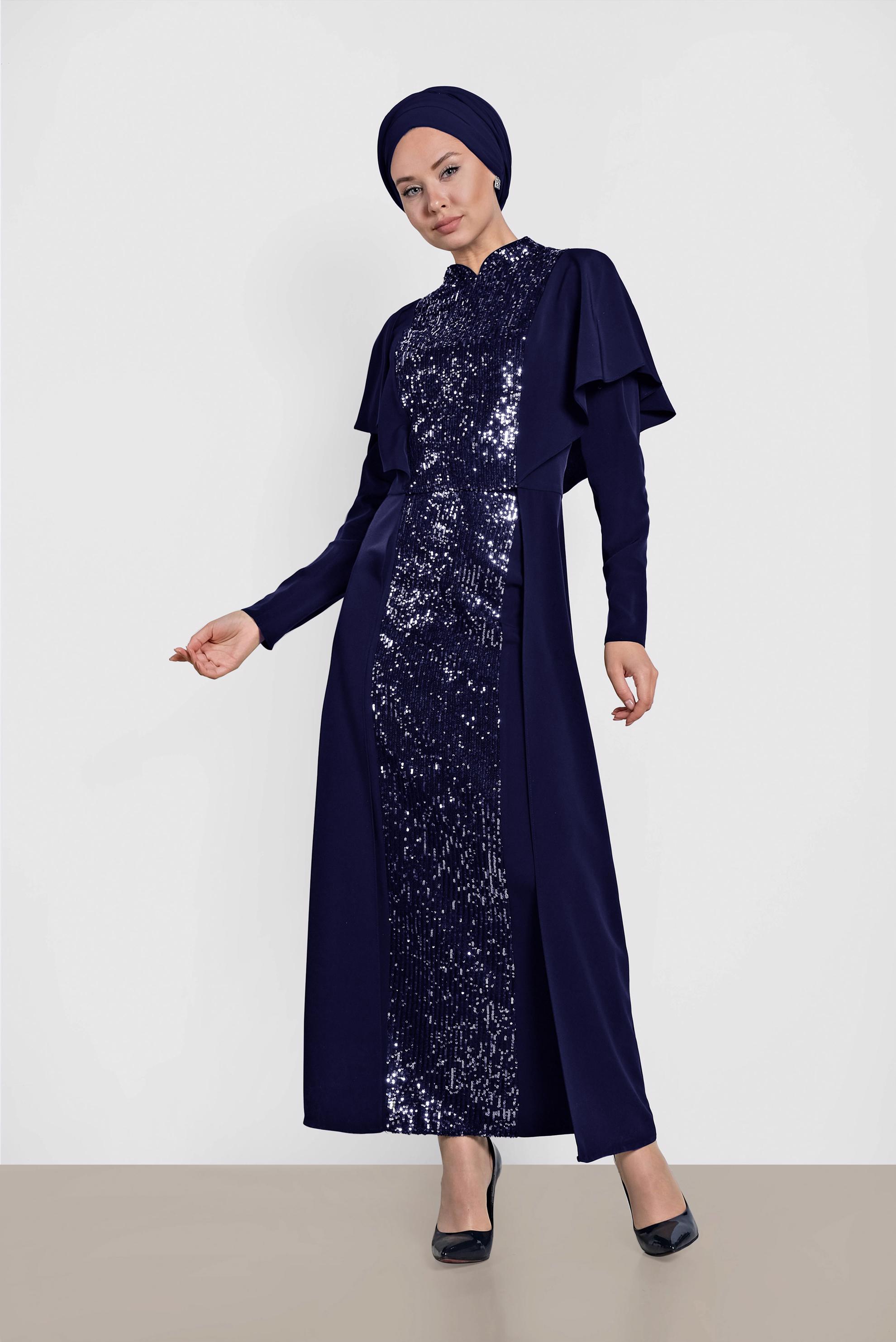 Tesettür giyim LACİVERT HAKİM YAKA OMUZLARI VOLANLI İKİLİ ETEKLİ TAKIM 3544