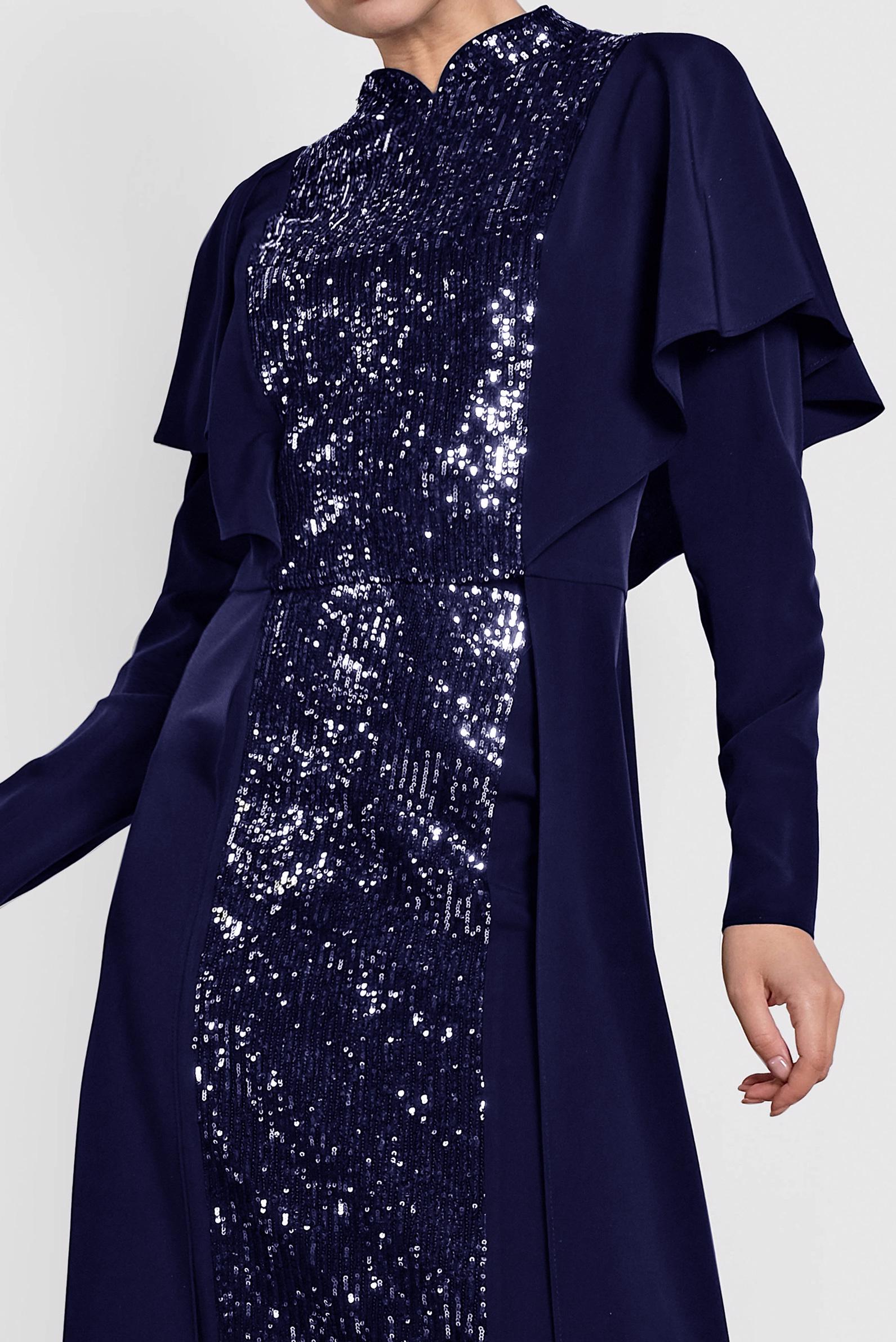 Tesettür giyim LACİVERT HAKİM YAKA OMUZLARI VOLANLI İKİLİ ETEKLİ TAKIM 3544