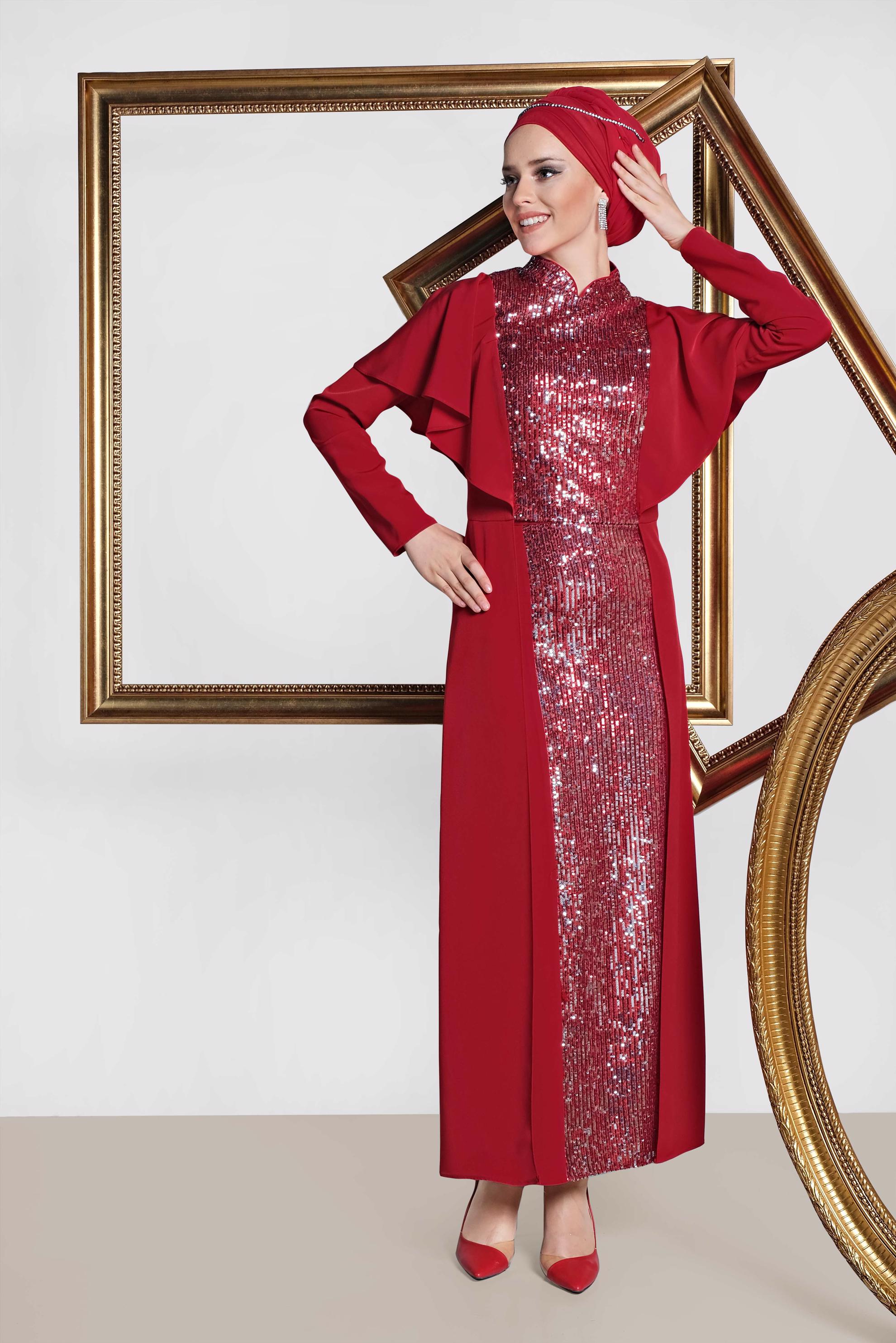 Tesettür giyim BORDO HAKİM YAKA OMUZLARI VOLANLI İKİLİ ETEKLİ TAKIM 3544