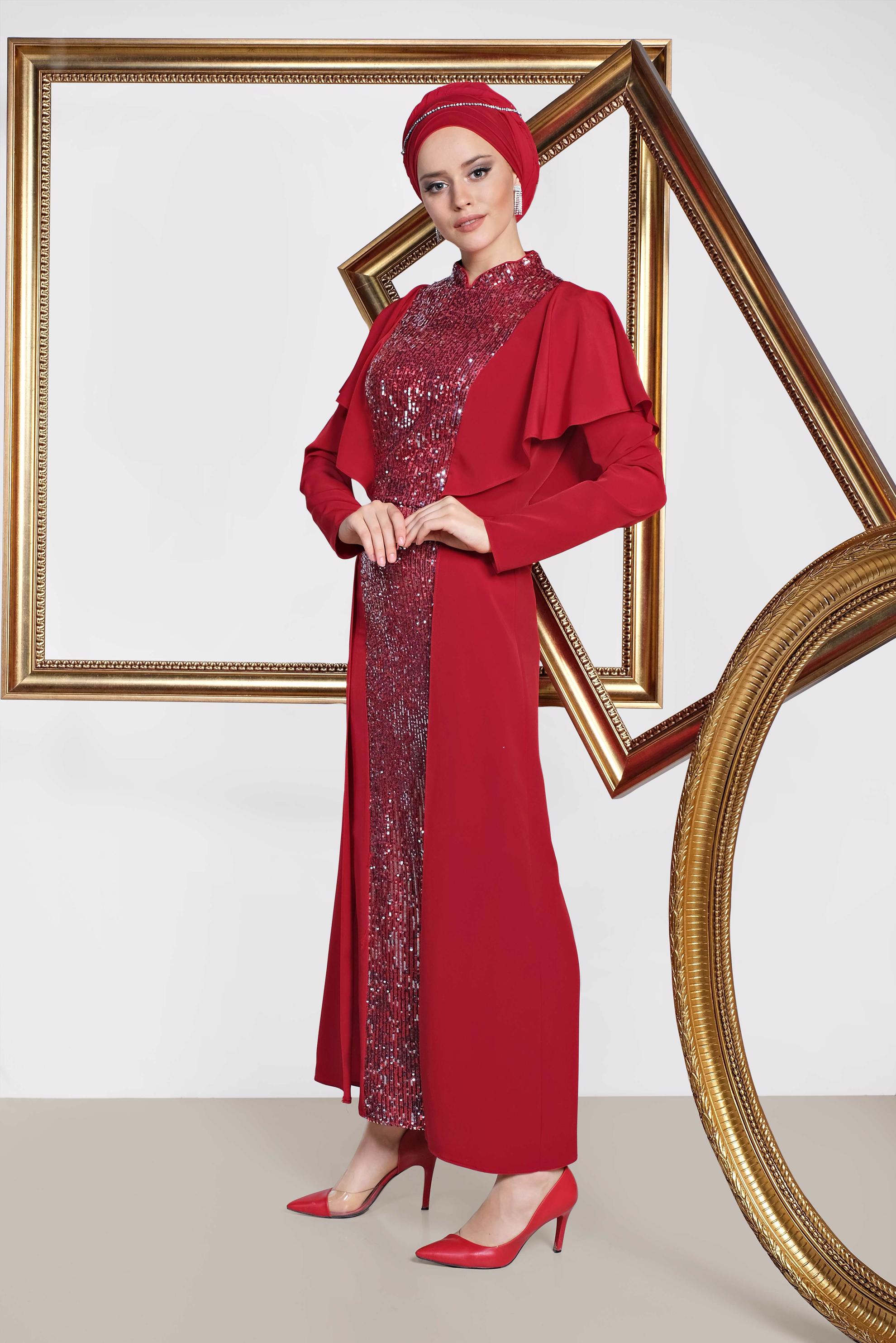 Tesettür giyim BORDO HAKİM YAKA OMUZLARI VOLANLI İKİLİ ETEKLİ TAKIM 3544