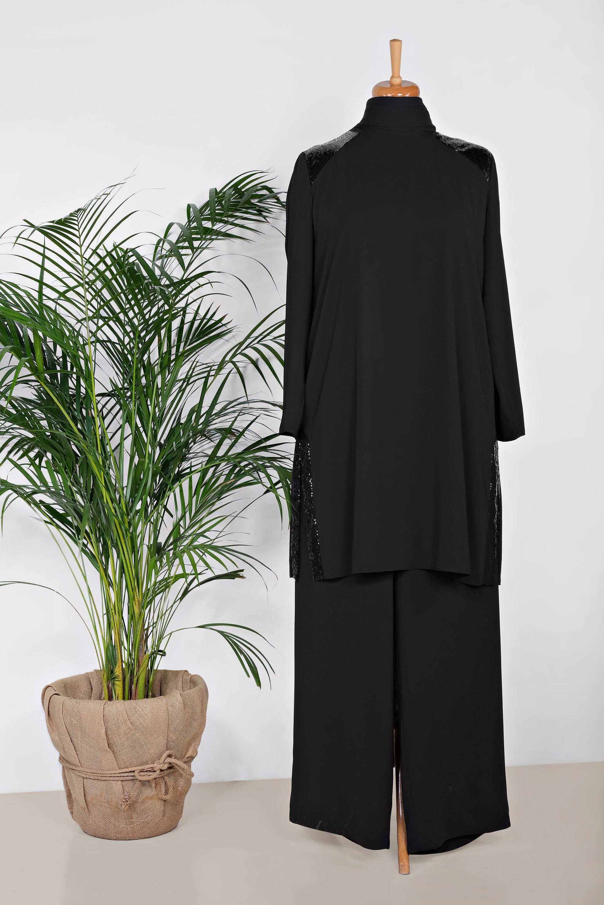 Hijab clothing BLACK SEQUIN DETAIL 2-PIECE PANTS SUIT 3545