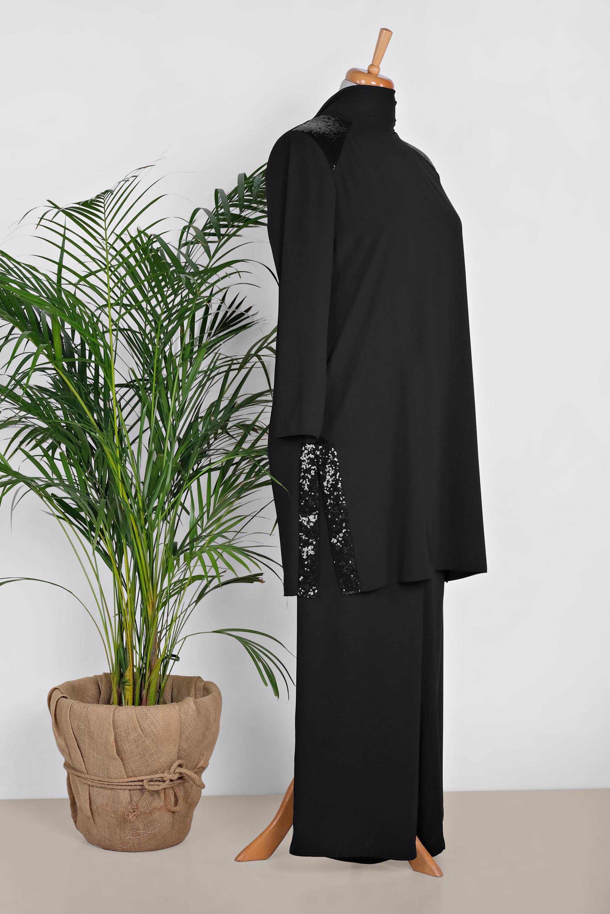 Hijab clothing BLACK SEQUIN DETAIL 2-PIECE PANTS SUIT 3545