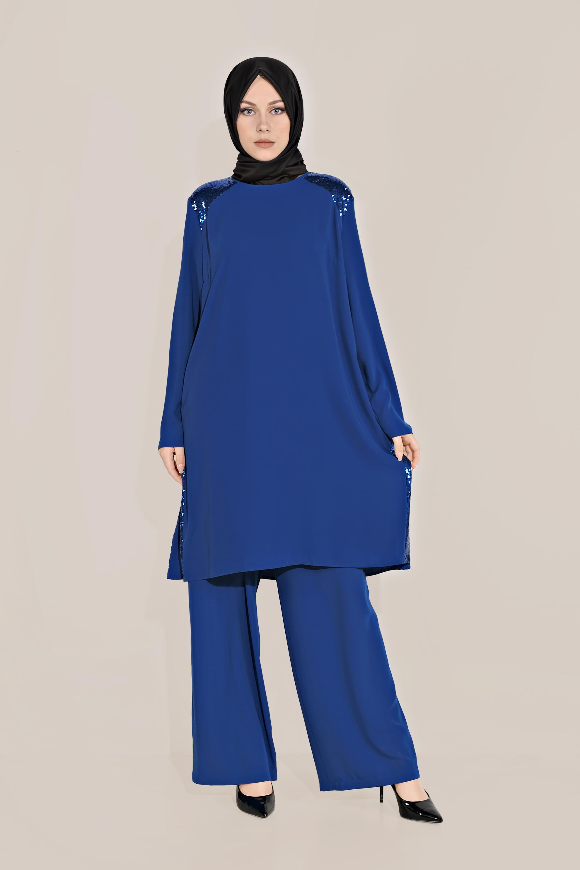 Tesettür giyim LACİVERT PUL PAYET DETAYLI İKİLİ PANTOLONLU TAKIM 3545