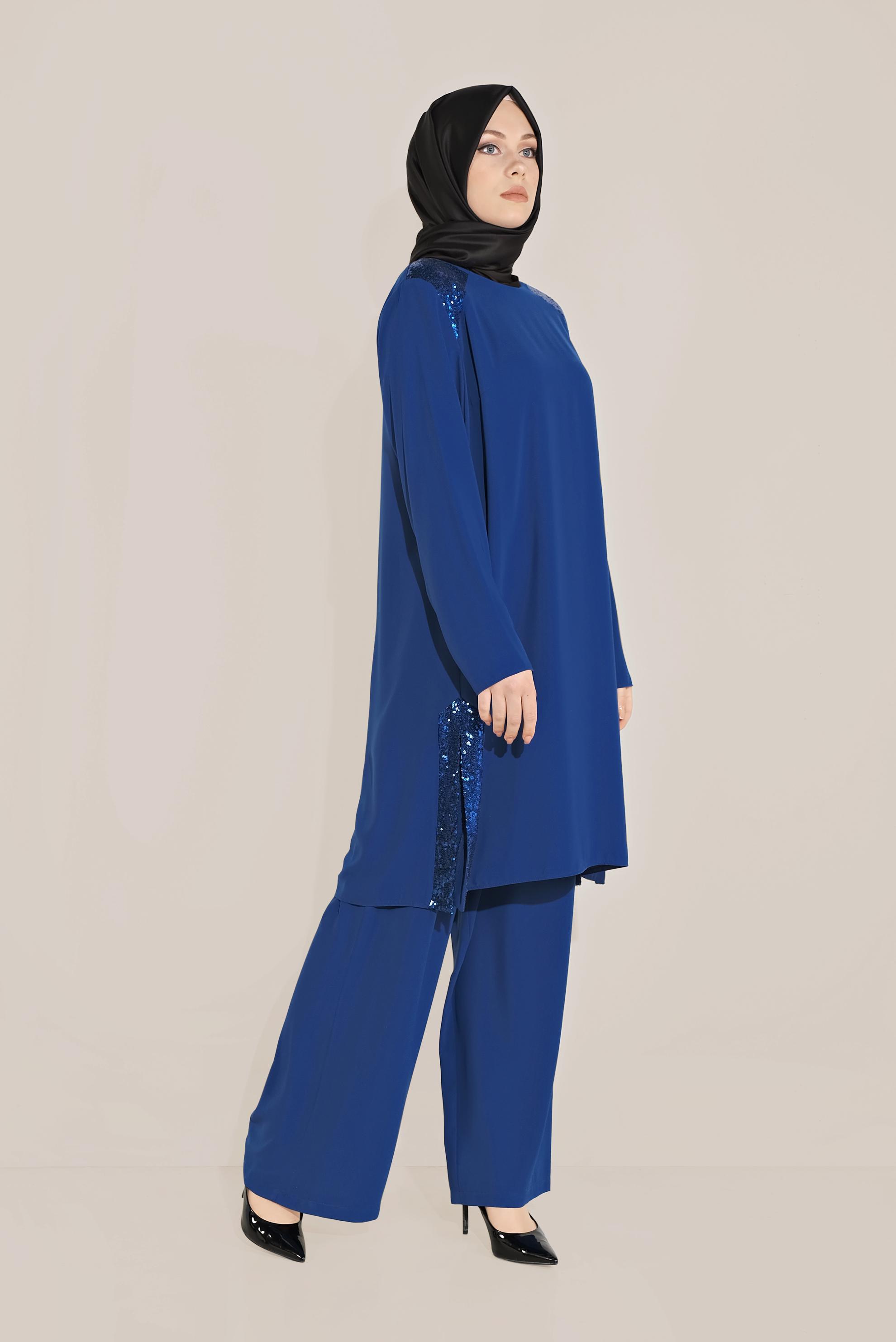 Tesettür giyim LACİVERT PUL PAYET DETAYLI İKİLİ PANTOLONLU TAKIM 3545