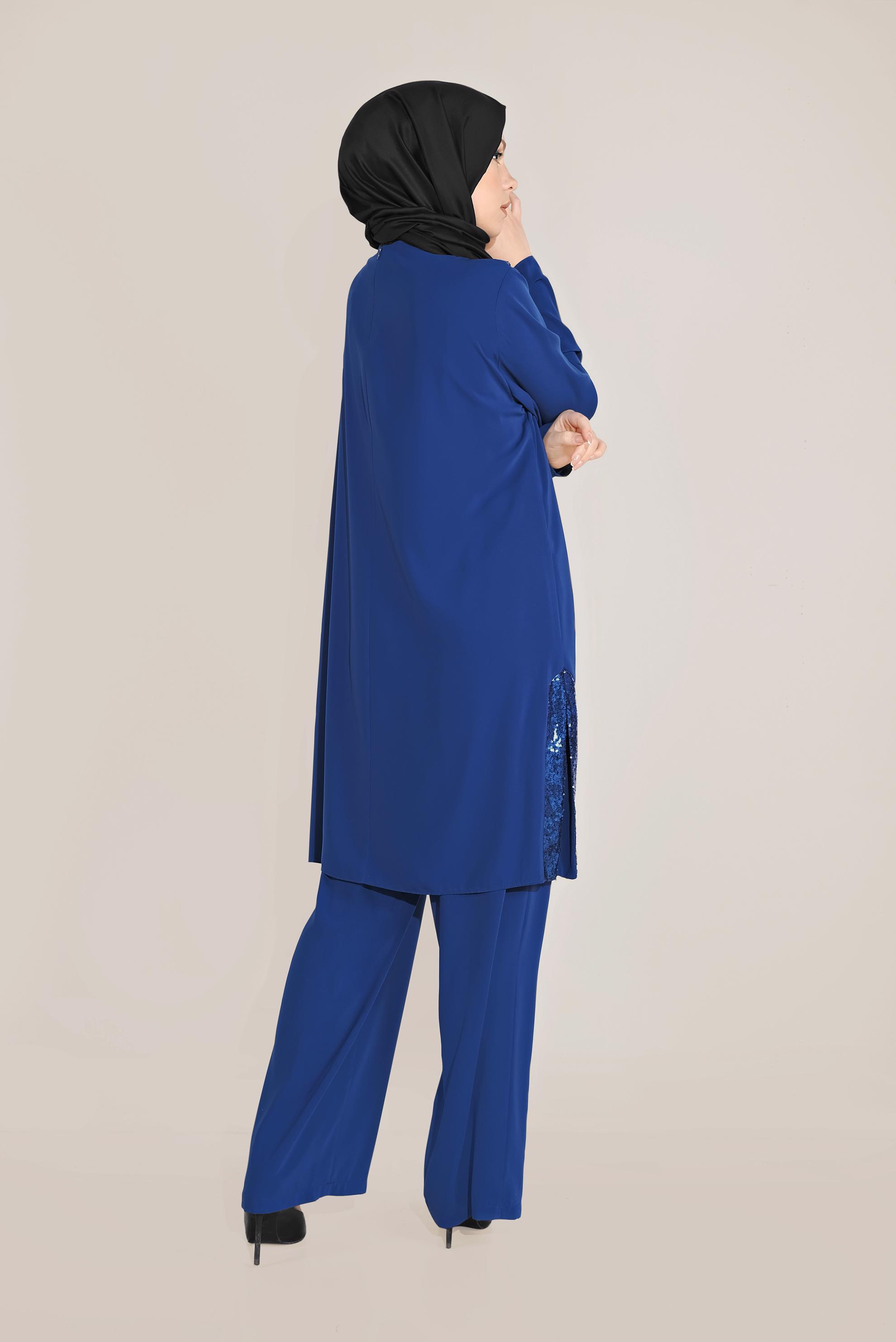 Tesettür giyim LACİVERT PUL PAYET DETAYLI İKİLİ PANTOLONLU TAKIM 3545
