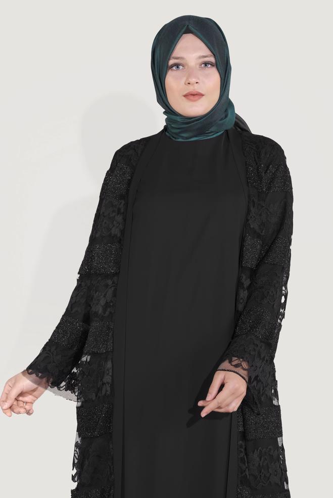 Vêtements hijab NOIR COSTUME 2 PIÈCES À LACETS ARGENTÉS 3551 - ALVİNA