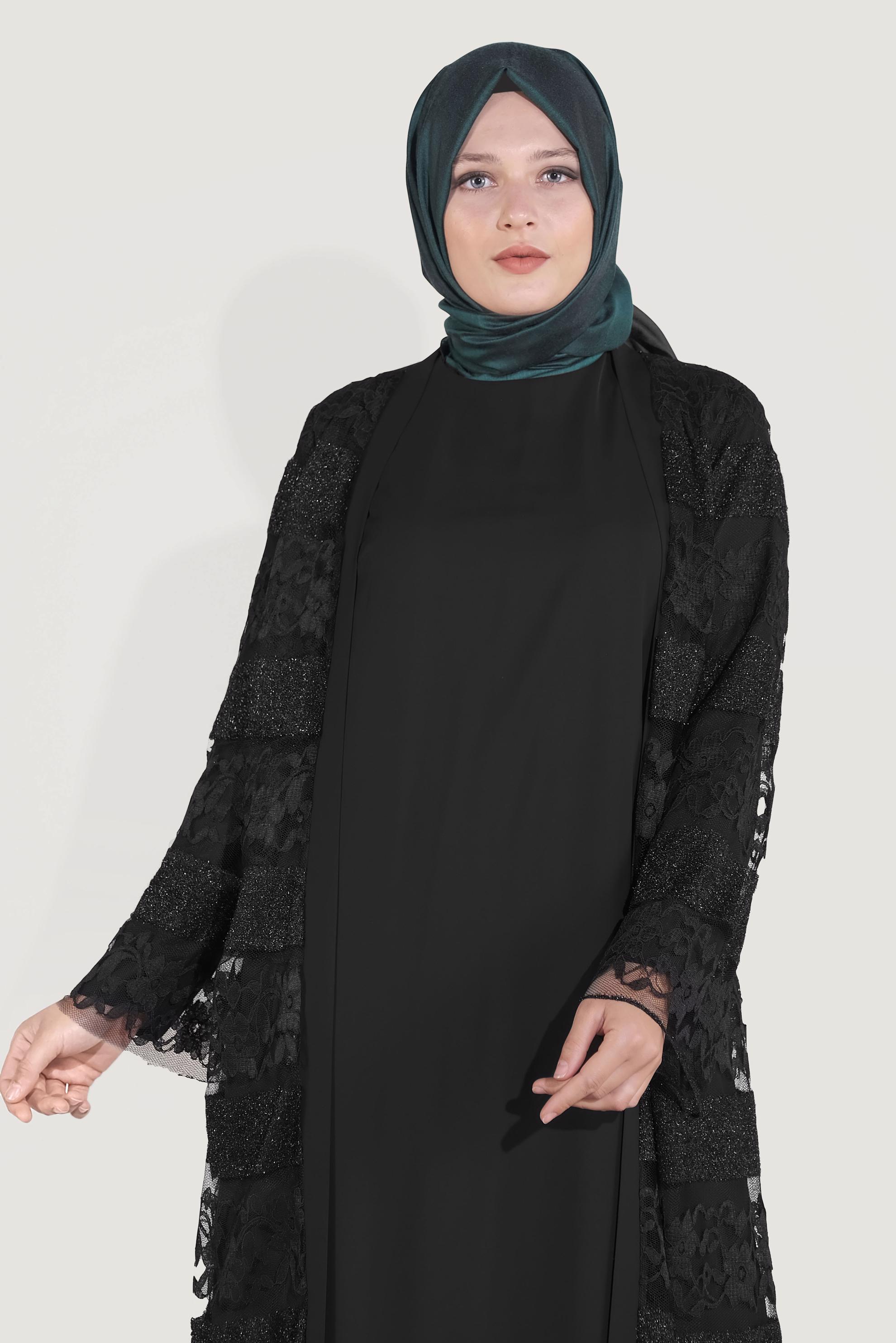 Vêtements hijab NOIR COSTUME 2 PIÈCES À LACETS ARGENTÉS 3551