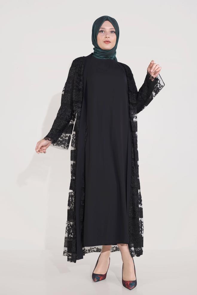 Vêtements hijab NOIR COSTUME 2 PIÈCES À LACETS ARGENTÉS 3551 - ALVİNA