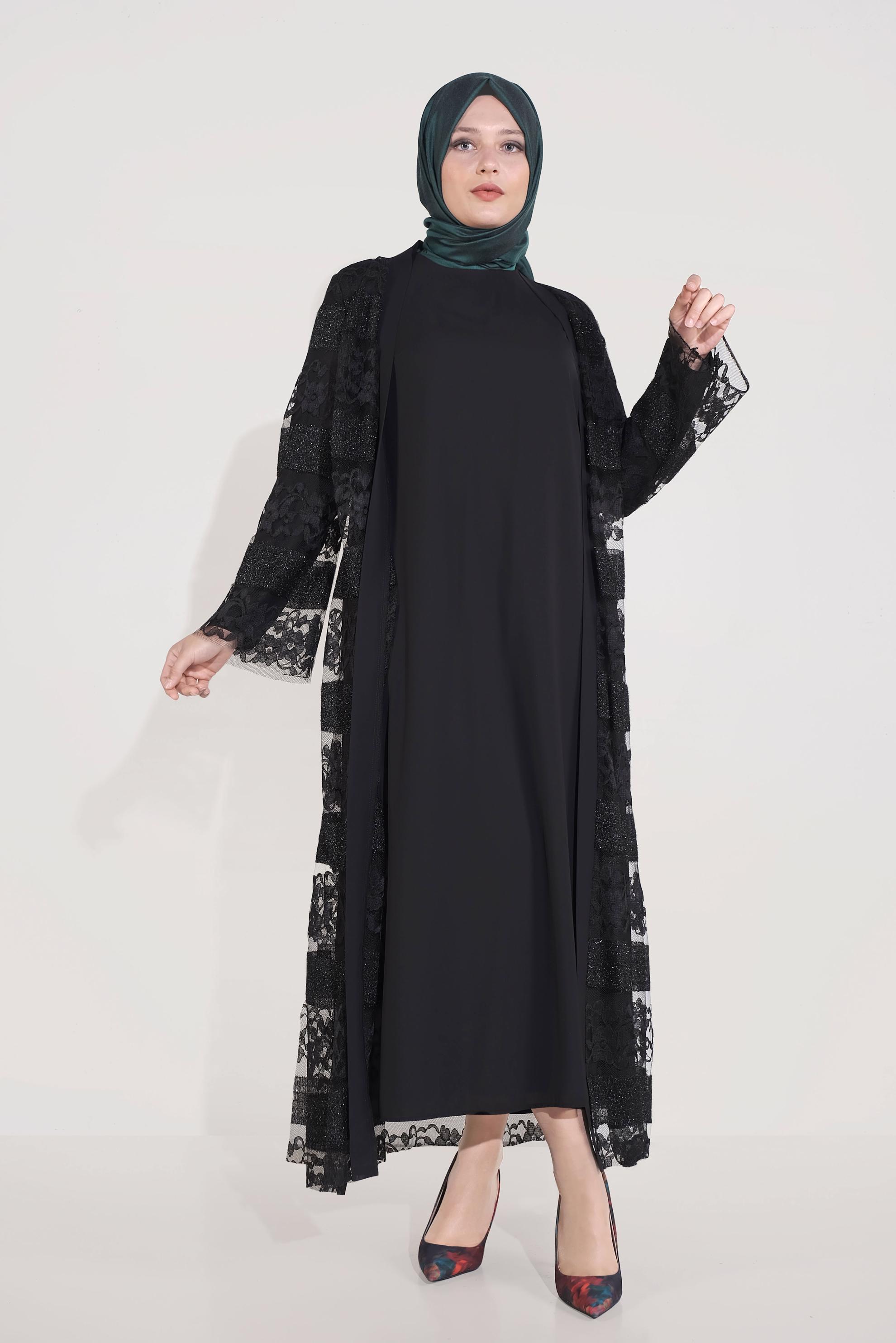 Vêtements hijab NOIR COSTUME 2 PIÈCES À LACETS ARGENTÉS 3551