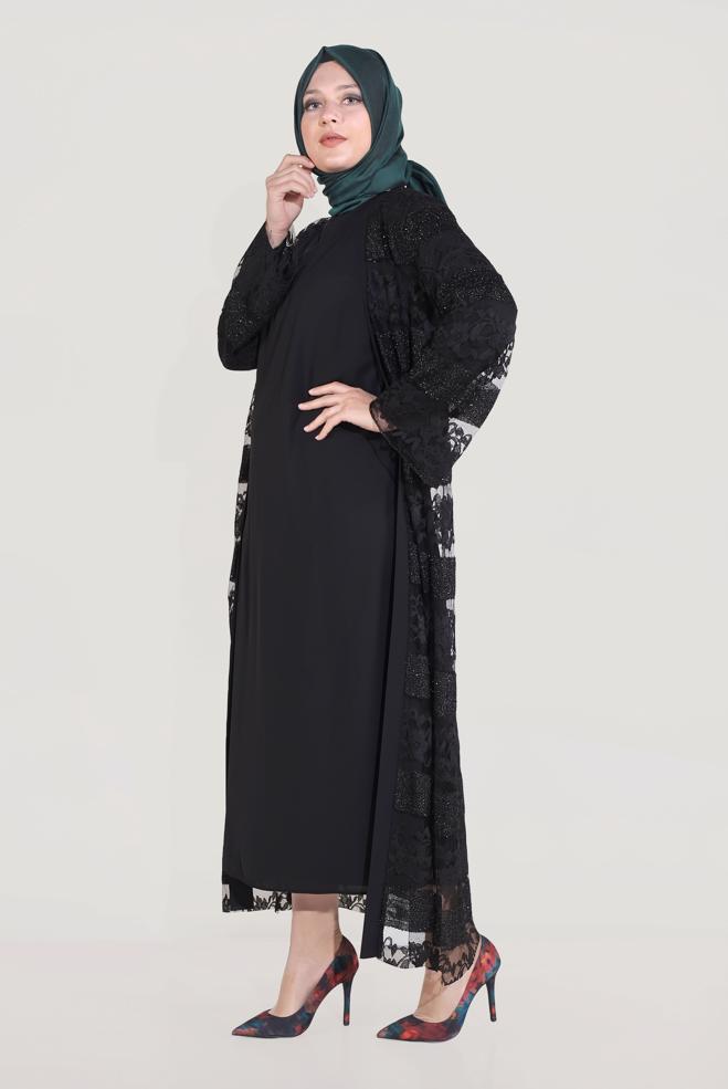 Vêtements hijab NOIR COSTUME 2 PIÈCES À LACETS ARGENTÉS 3551 - ALVİNA