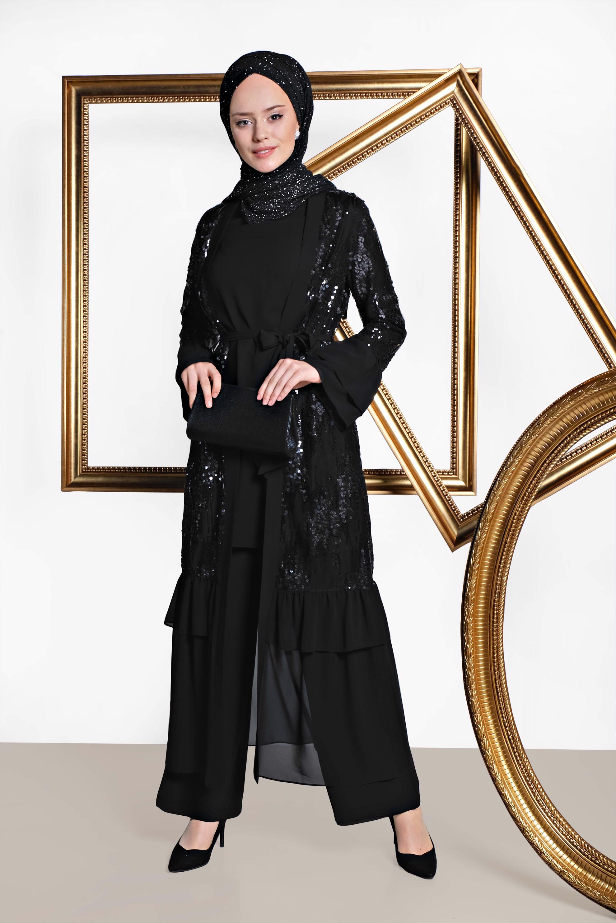 Tesettür giyim SİYAH ŞİFON VE PUL PAYET DETAYLI ÜÇLÜ PANTOLONLU TAKIM 3554