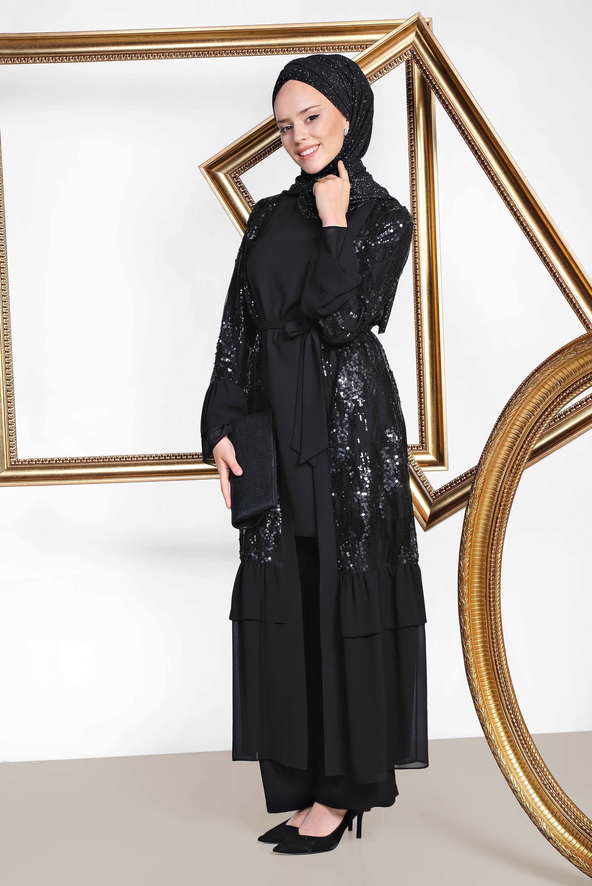 Tesettür giyim SİYAH ŞİFON VE PUL PAYET DETAYLI ÜÇLÜ PANTOLONLU TAKIM 3554