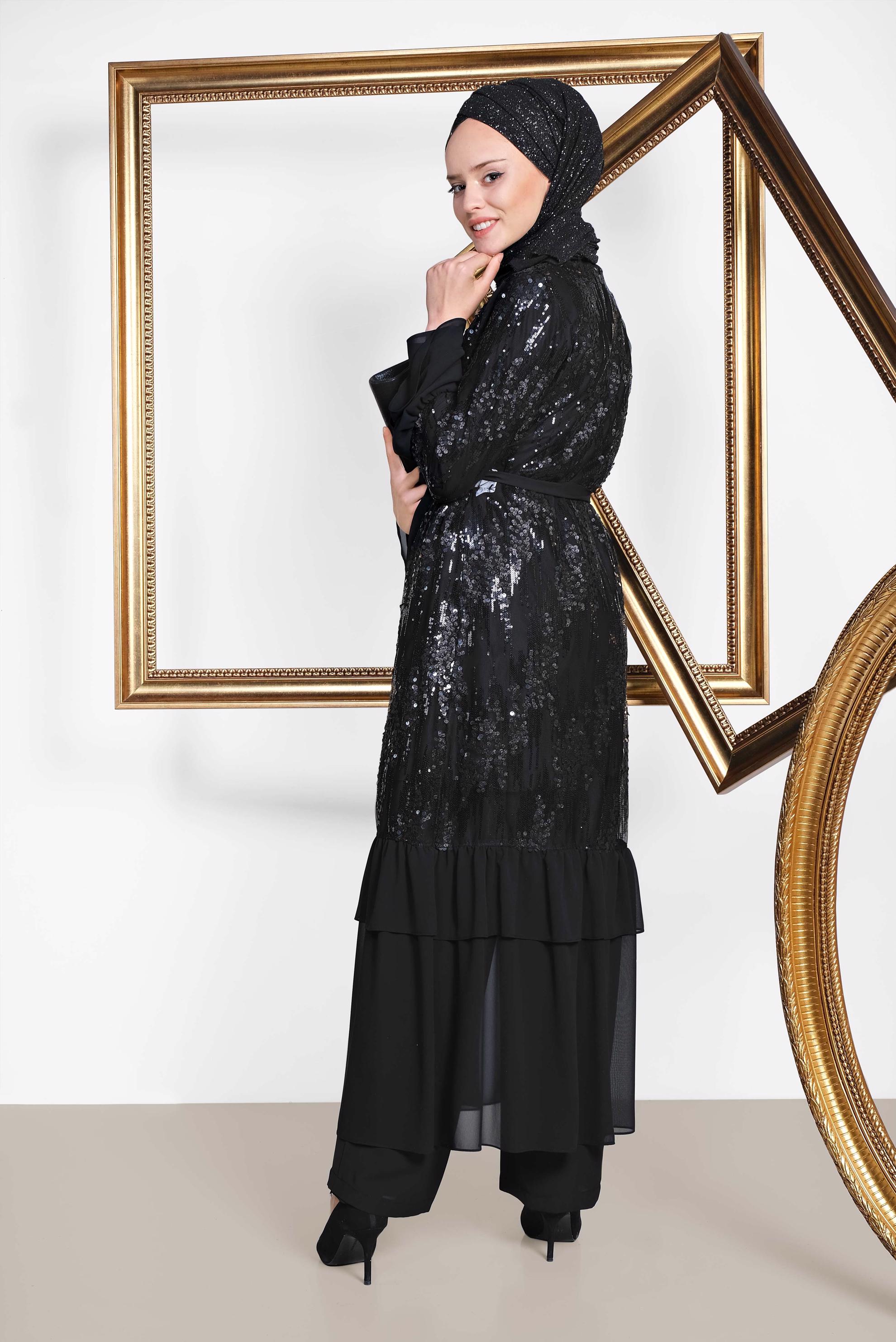 Tesettür giyim SİYAH ŞİFON VE PUL PAYET DETAYLI ÜÇLÜ PANTOLONLU TAKIM 3554