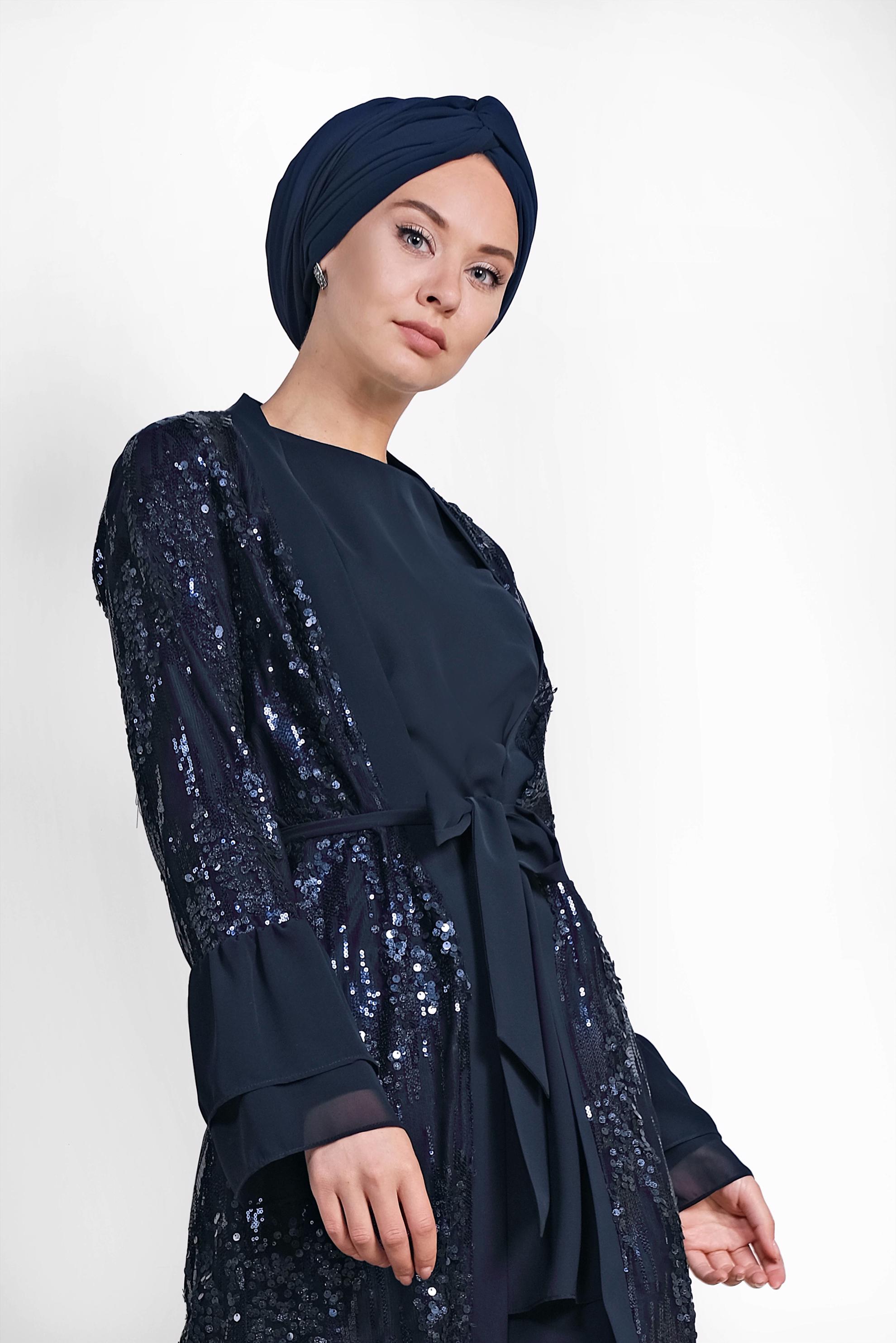 Tesettür giyim LACİVERT ŞİFON VE PUL PAYET DETAYLI ÜÇLÜ PANTOLONLU TAKIM 3554