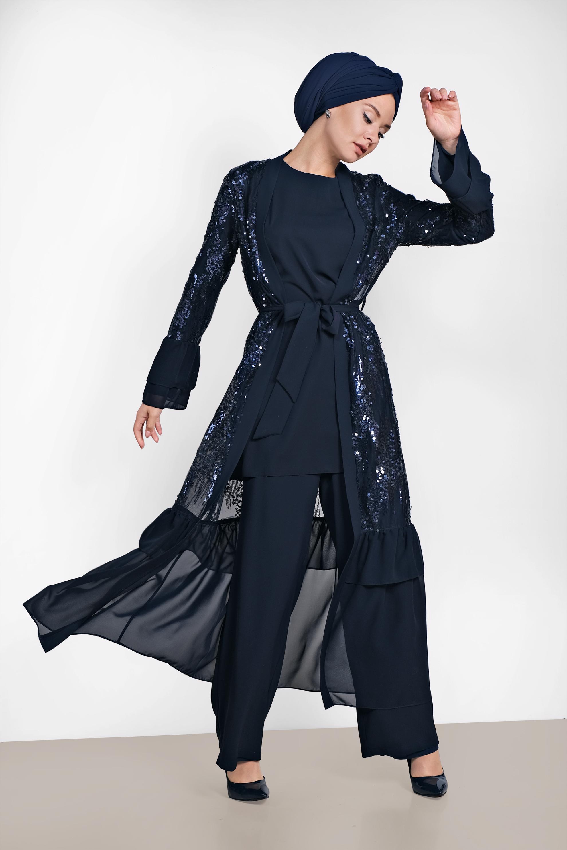Tesettür giyim LACİVERT ŞİFON VE PUL PAYET DETAYLI ÜÇLÜ PANTOLONLU TAKIM 3554